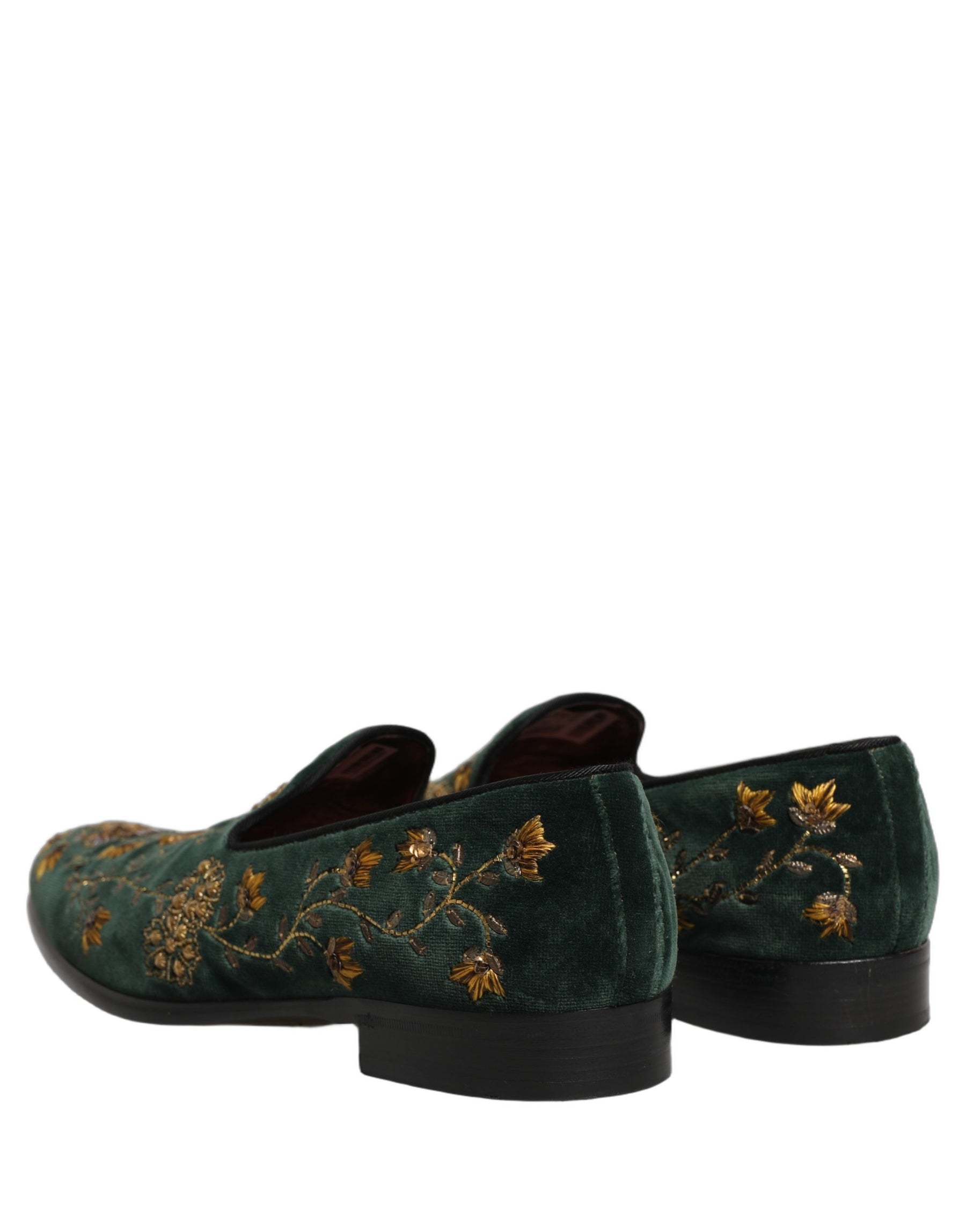 Dolce & Gabbana Green Floral Embroidery Dress Loafers Shoes | Regal Royce