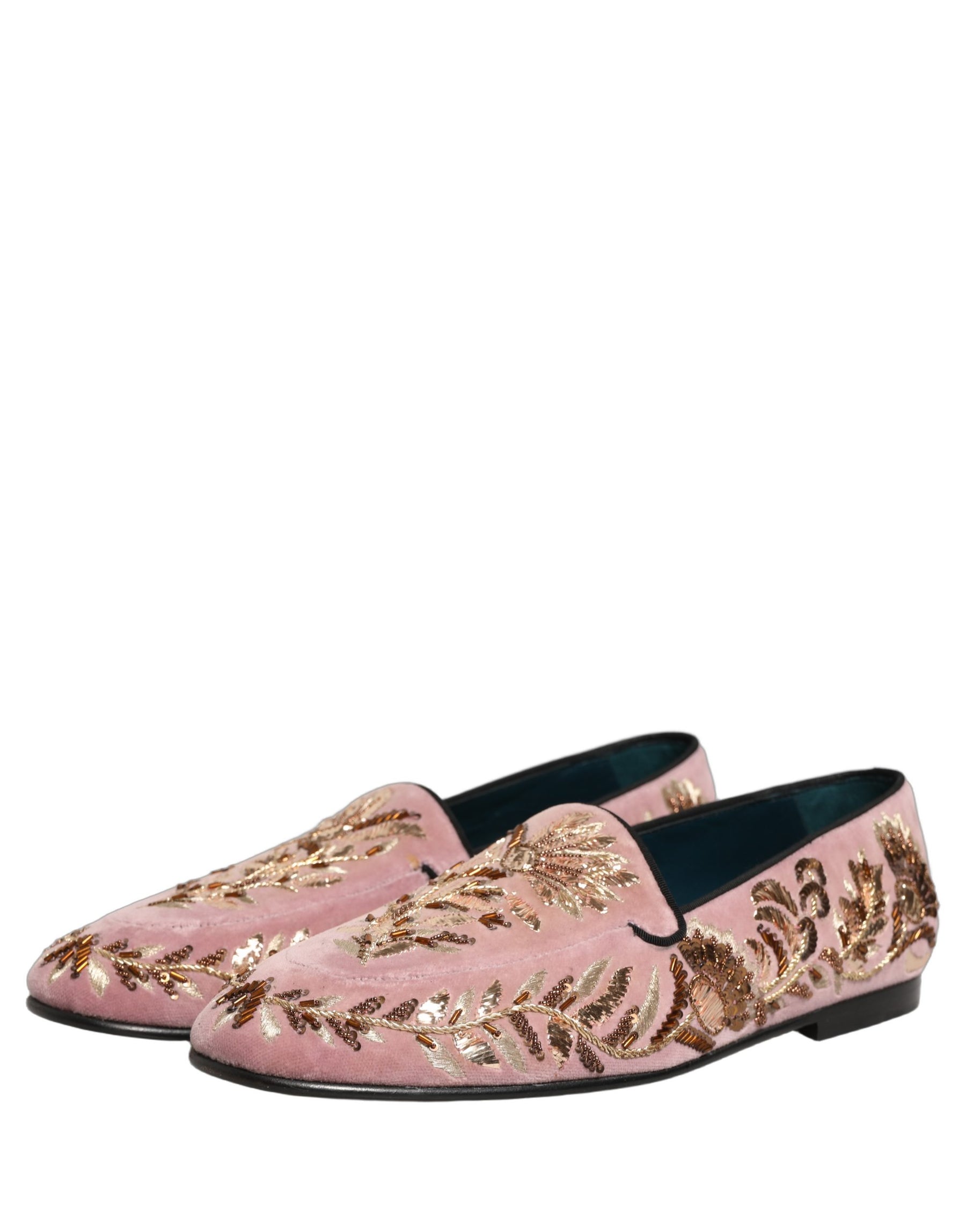 Dolce & Gabbana Pink Velvet Floral Embroidery Loafers Shoes | Regal Royce