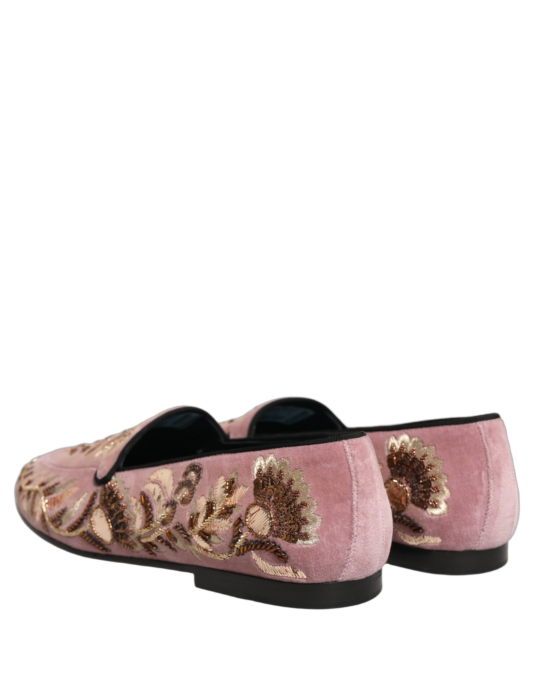 Dolce & Gabbana Pink Velvet Floral Embroidery Loafers Shoes | Regal Royce