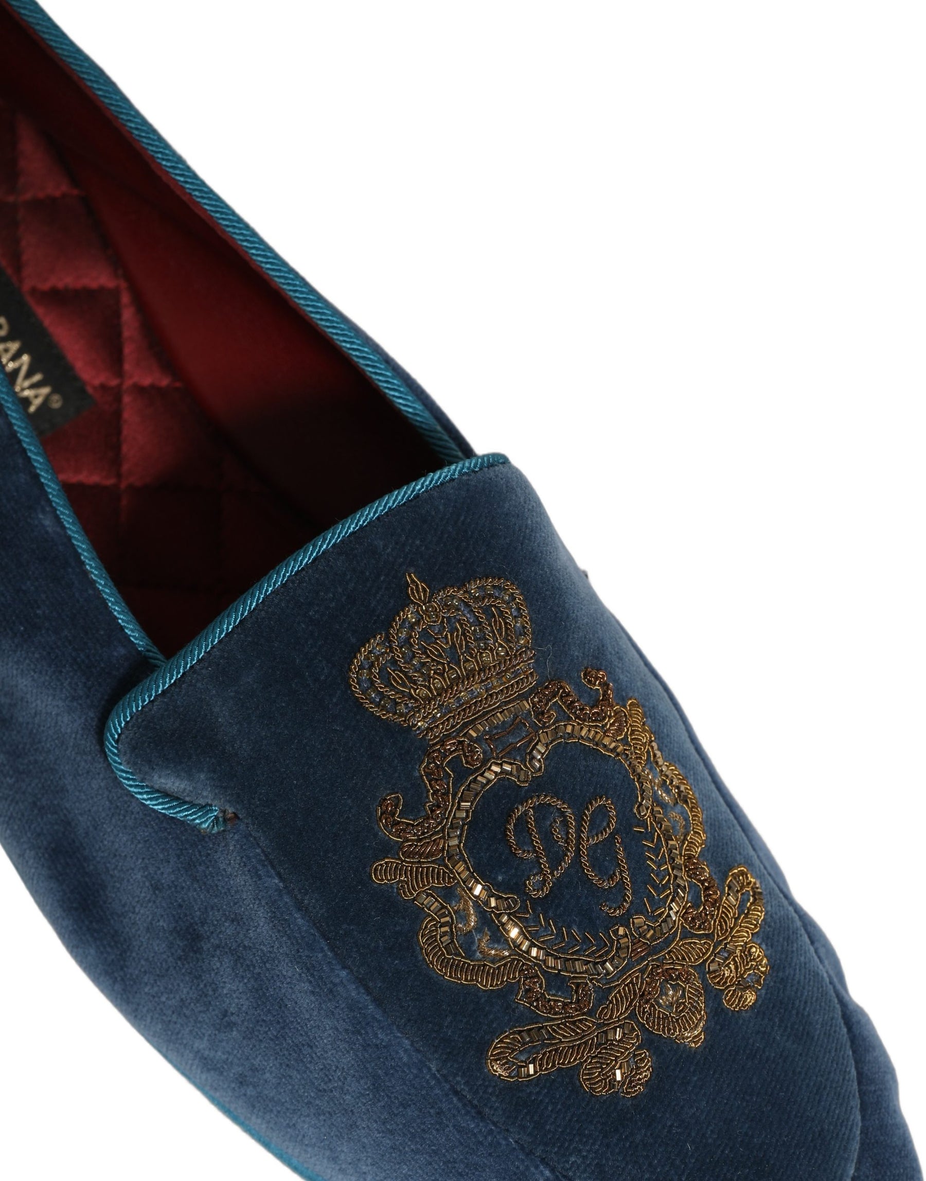 Dolce & Gabbana Blue Velvet Crown Embroidery Loafers Shoes | Regal Royce