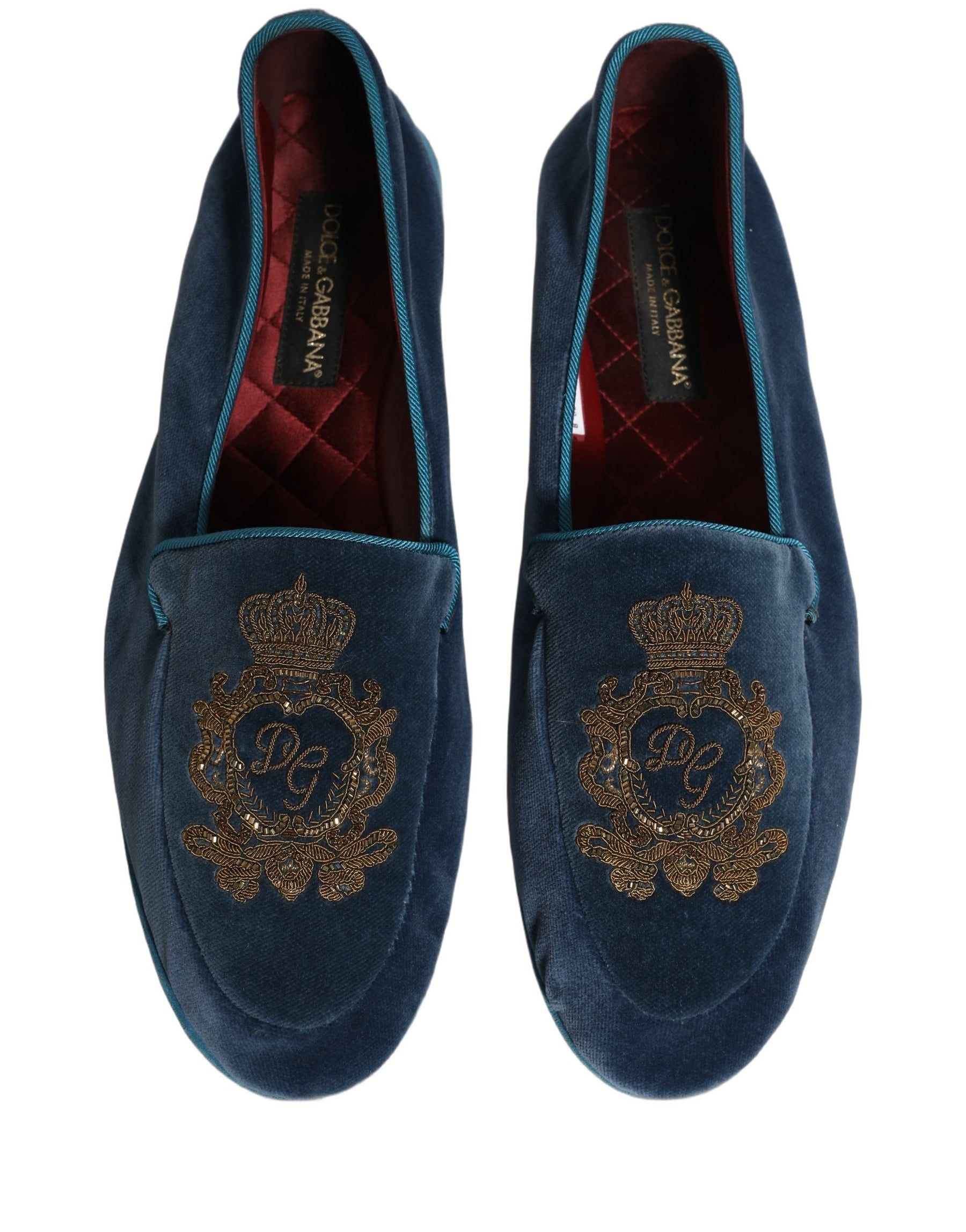 Dolce & Gabbana Blue Velvet Crown Embroidery Loafers Shoes | Regal Royce