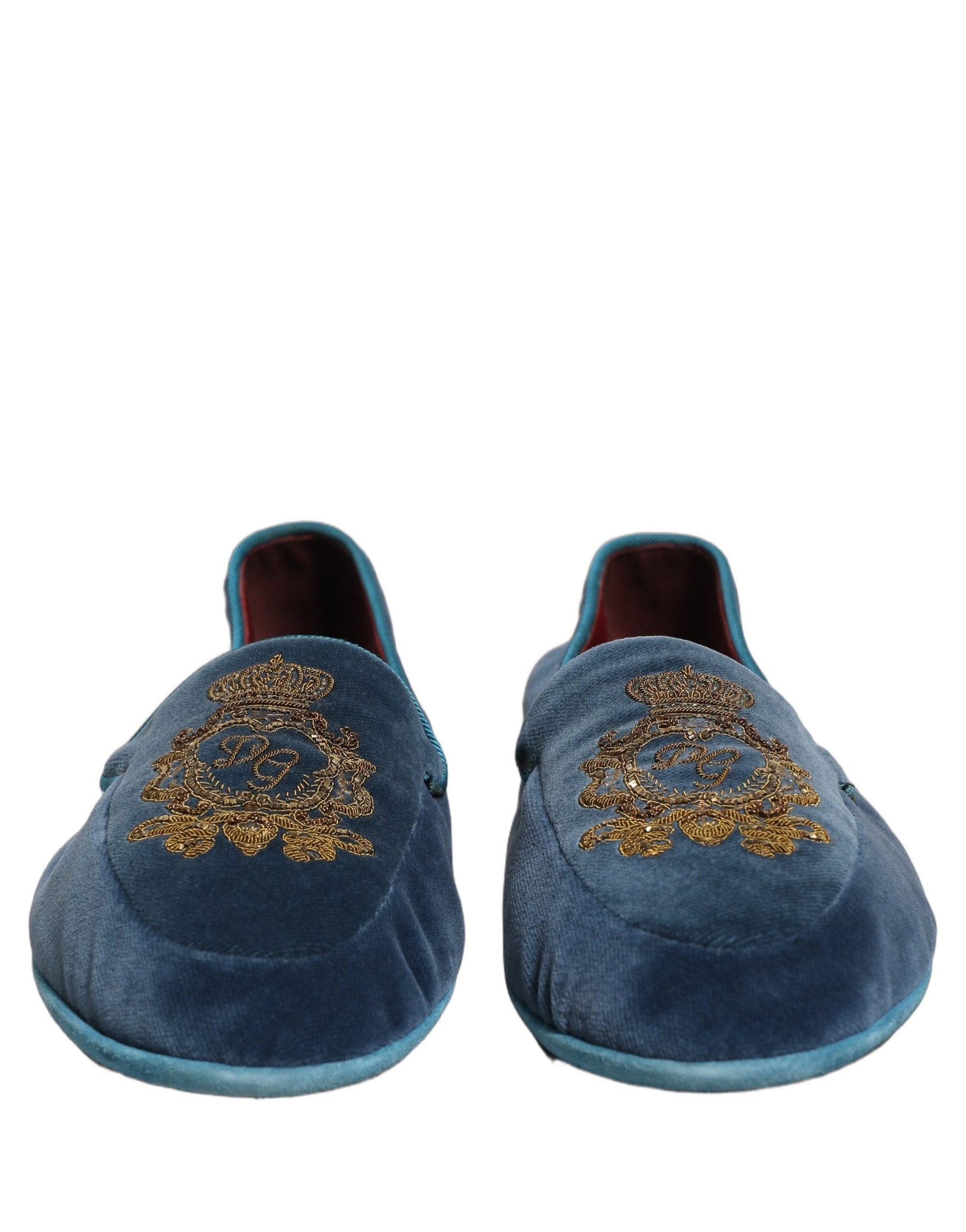 Dolce & Gabbana Blue Velvet Crown Embroidery Loafers Shoes | Regal Royce
