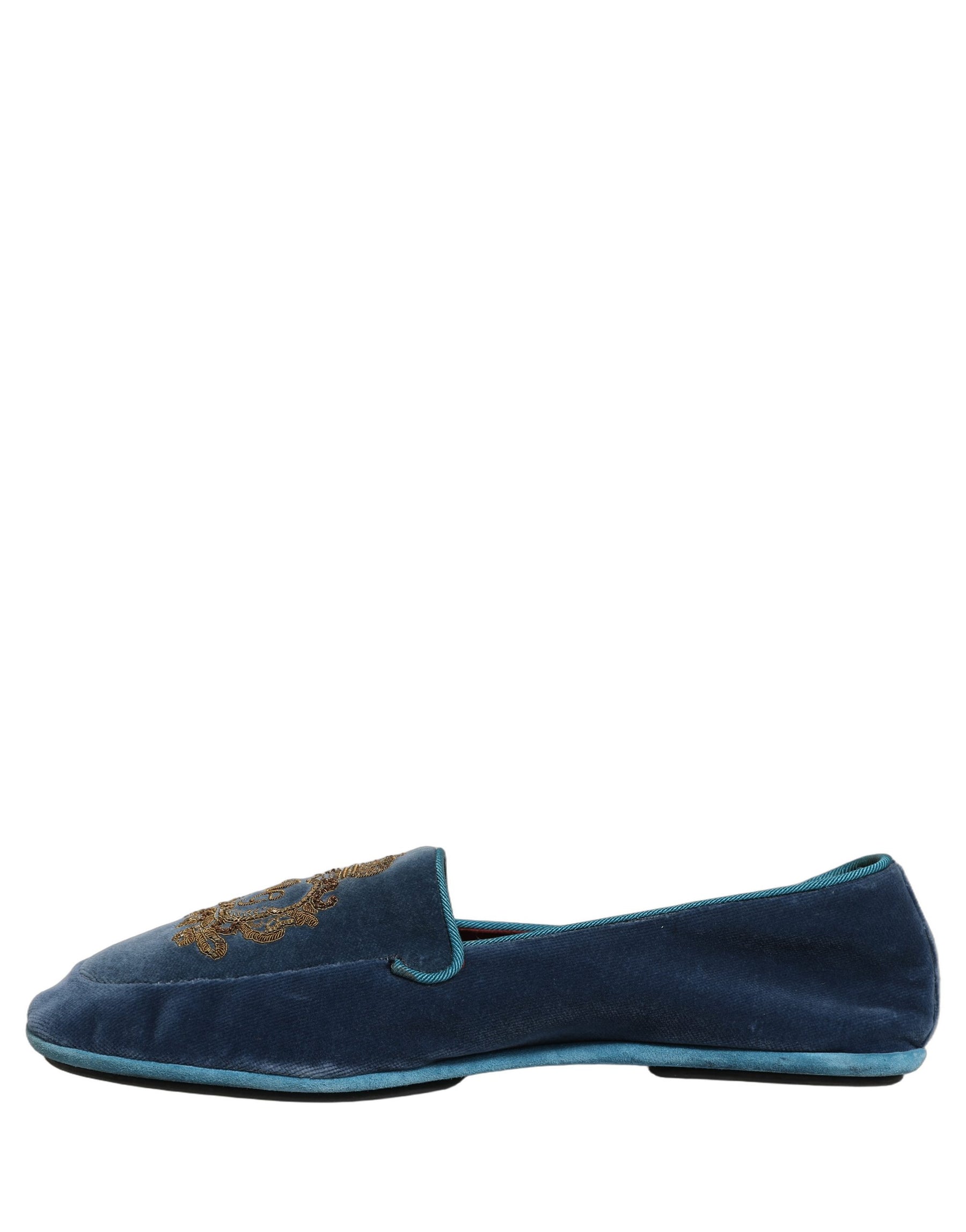 Dolce & Gabbana Blue Velvet Crown Embroidery Loafers Shoes | Regal Royce