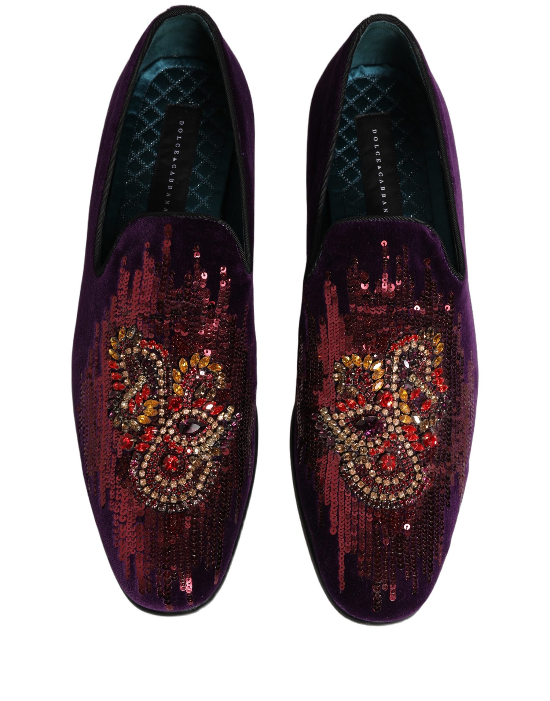Dolce & Gabbana Violet Velvet Rhinestone Sequin Loafers Shoes | Regal Royce