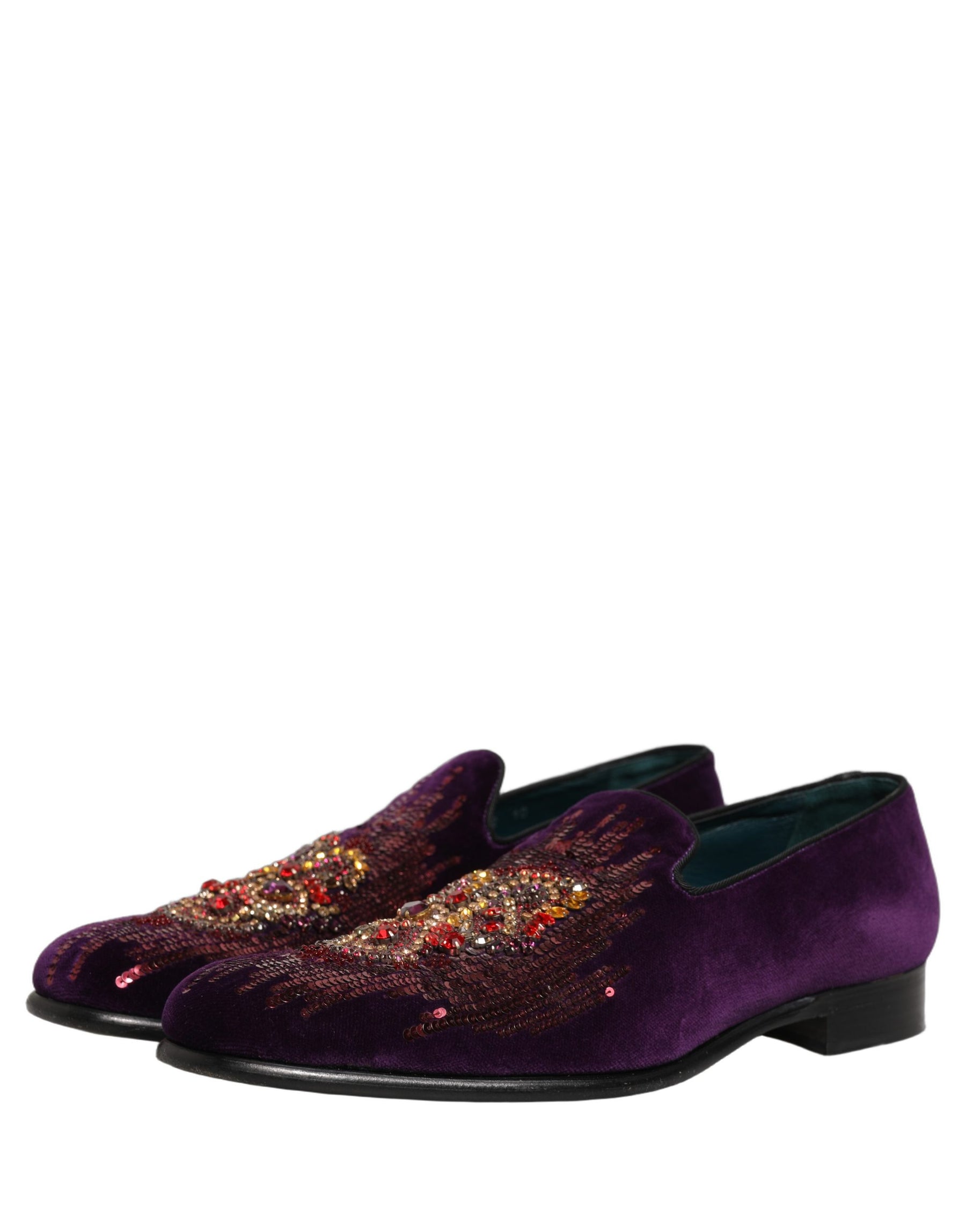 Dolce & Gabbana Violet Velvet Rhinestone Sequin Loafers Shoes | Regal Royce