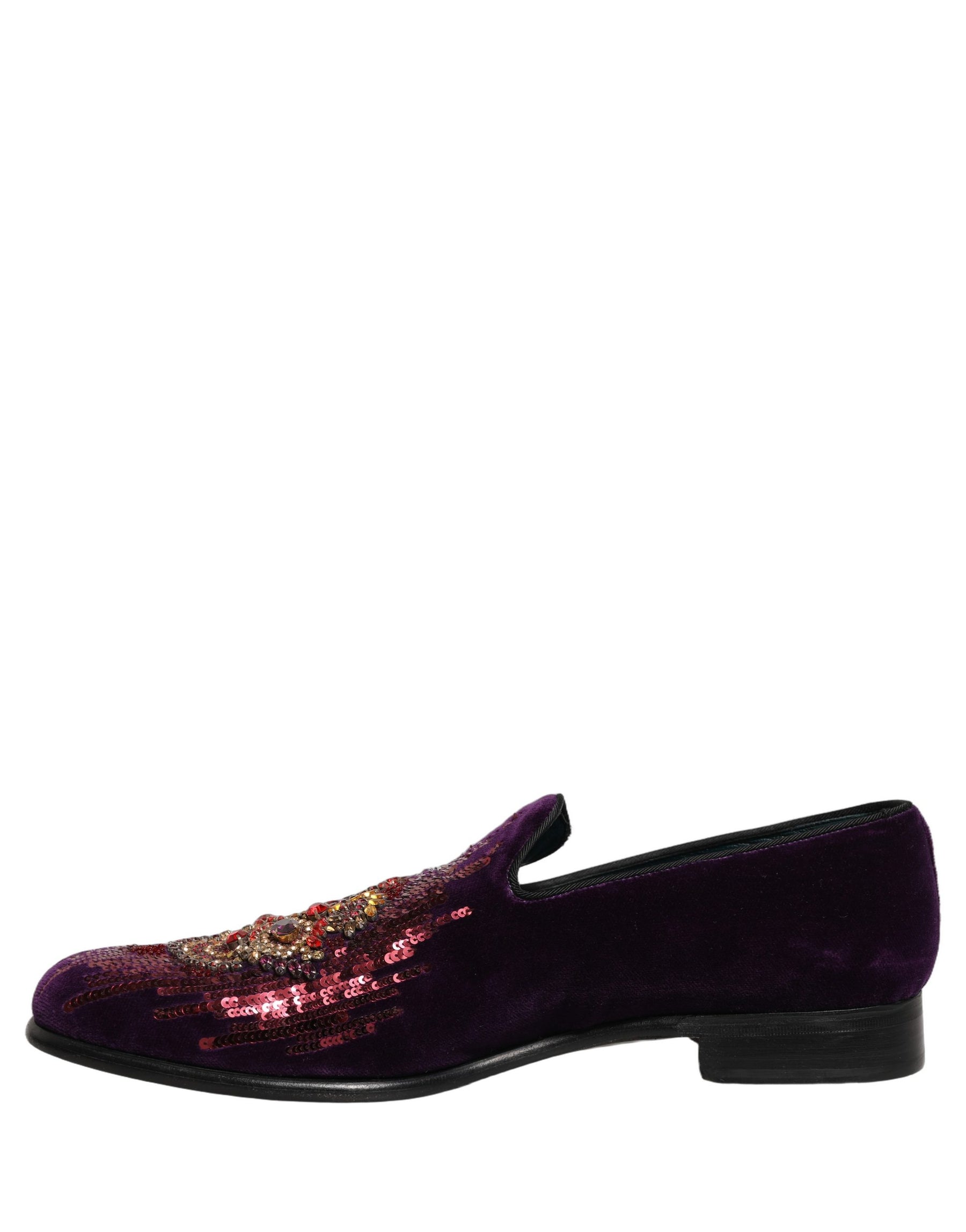 Dolce & Gabbana Violet Velvet Rhinestone Sequin Loafers Shoes | Regal Royce