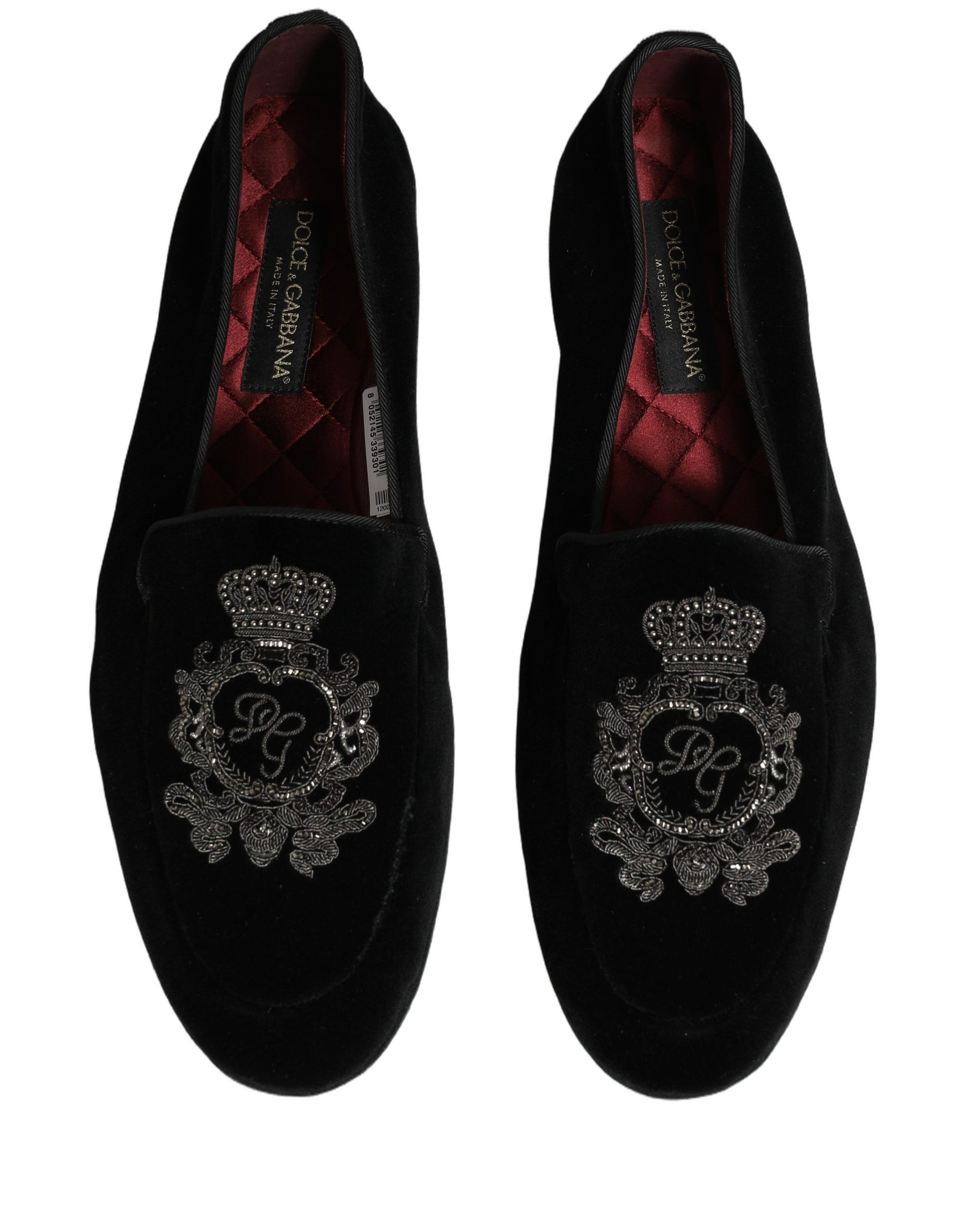 Dolce & Gabbana Black Velvet Crown Embroidery Loafers Shoes | Regal Royce