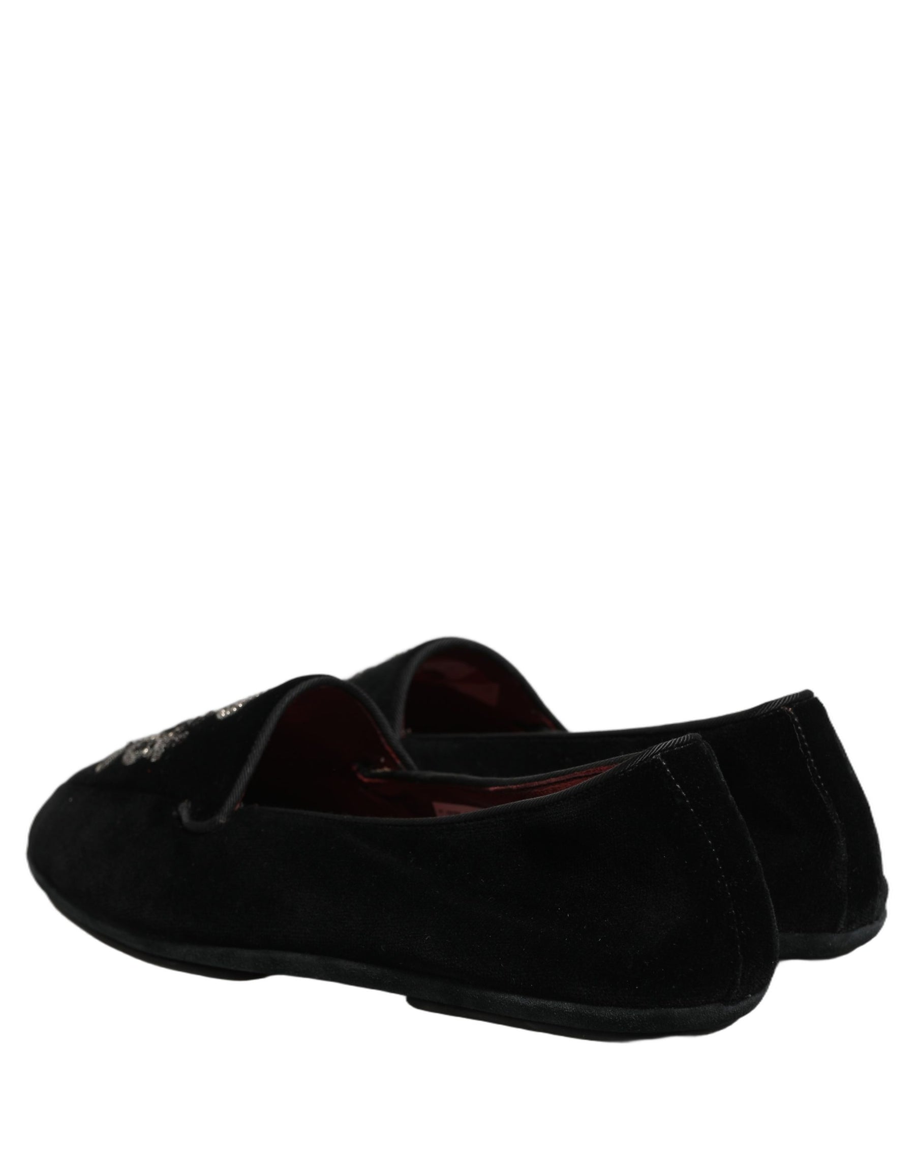 Dolce & Gabbana Black Velvet Crown Embroidery Loafers Shoes | Regal Royce