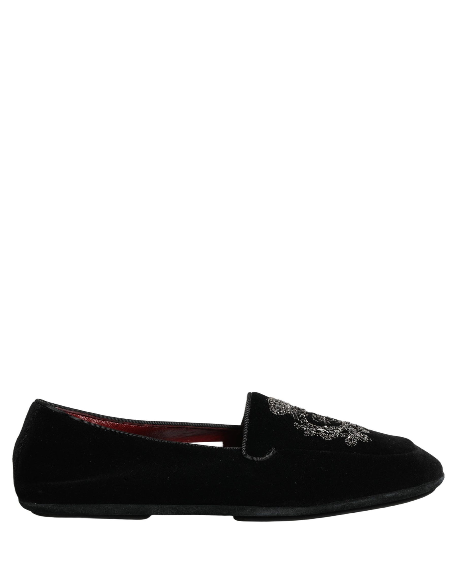 Dolce & Gabbana Black Velvet Crown Embroidery Loafers Shoes | Regal Royce