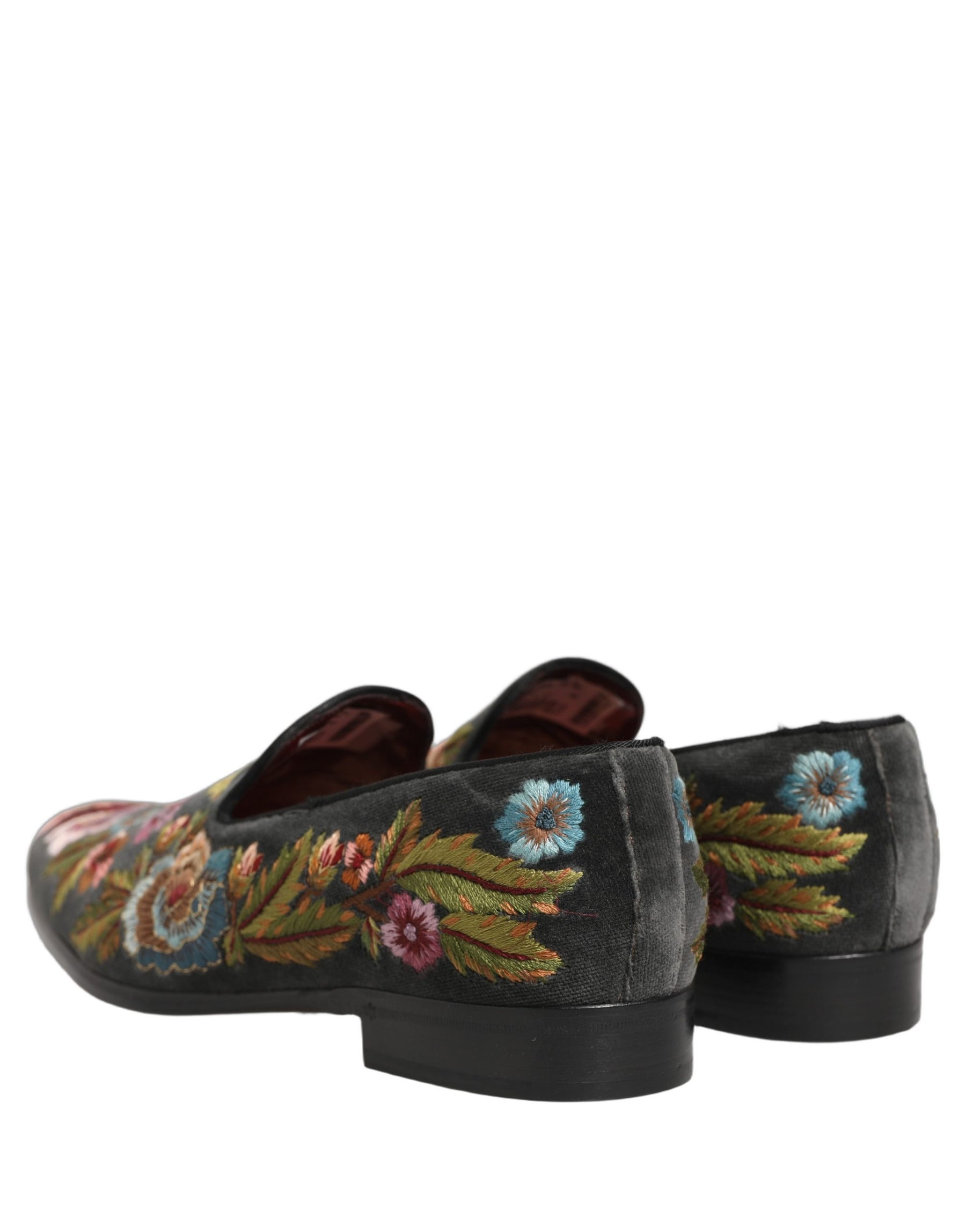 Dolce & Gabbana Black Velvet Floral Embroidery Loafers Shoes | Regal Royce