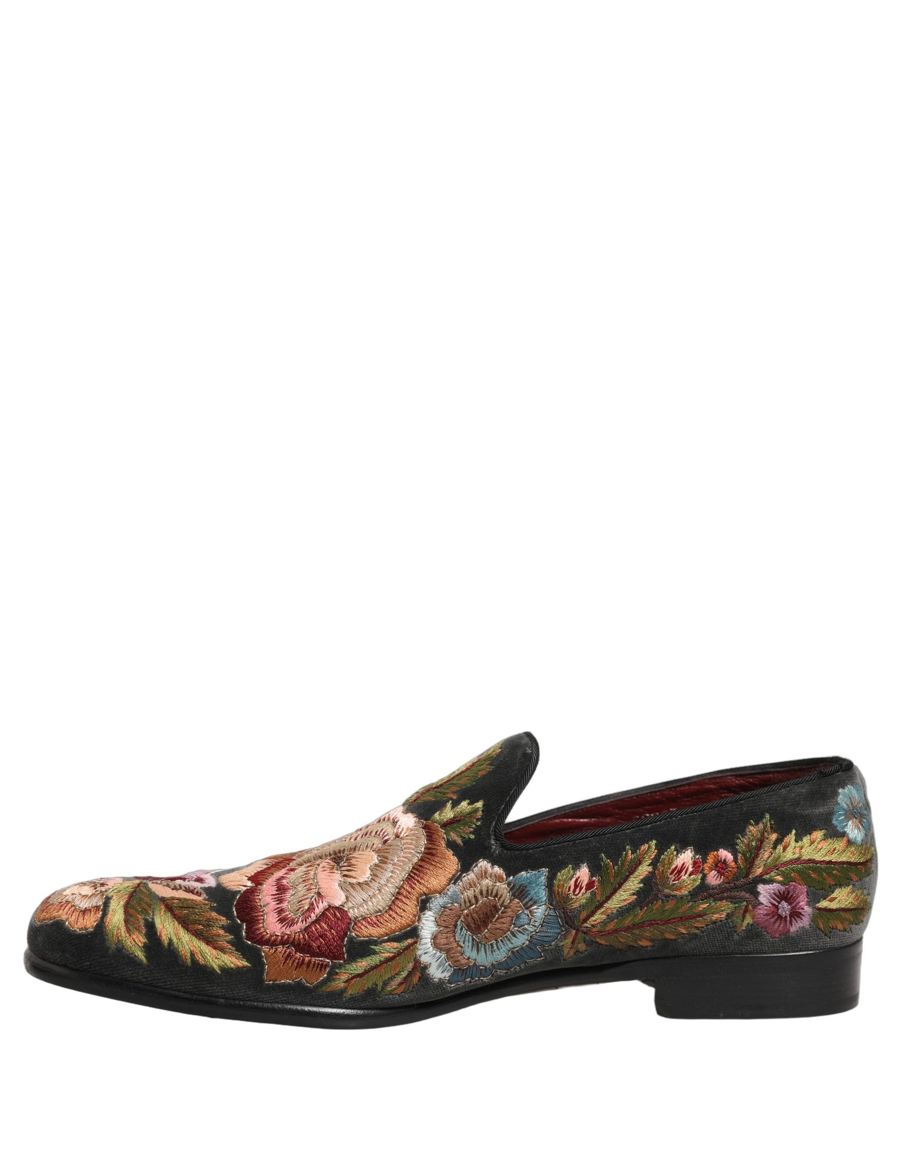 Dolce & Gabbana Black Velvet Floral Embroidery Loafers Shoes | Regal Royce