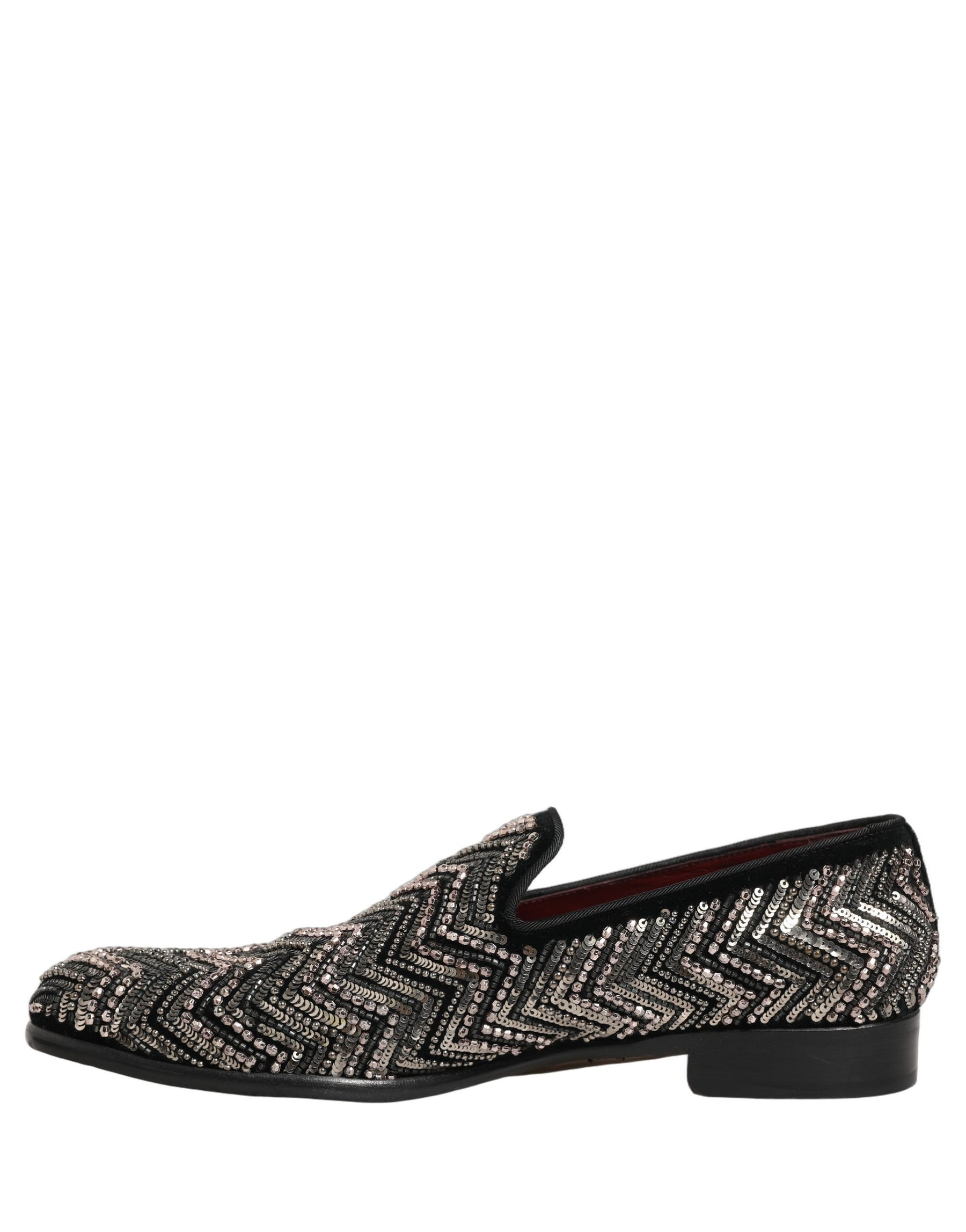 Dolce & Gabbana Black Velvet Floral Embellished Loafers Shoes | Regal Royce