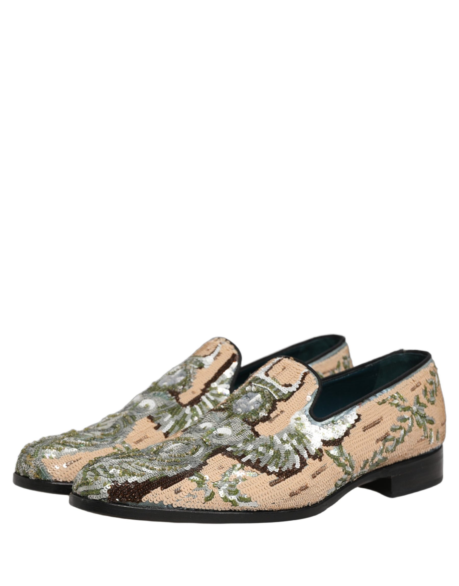 Dolce & Gabbana Beige Sequin Embroidery Dress Loafers Shoes | Regal Royce