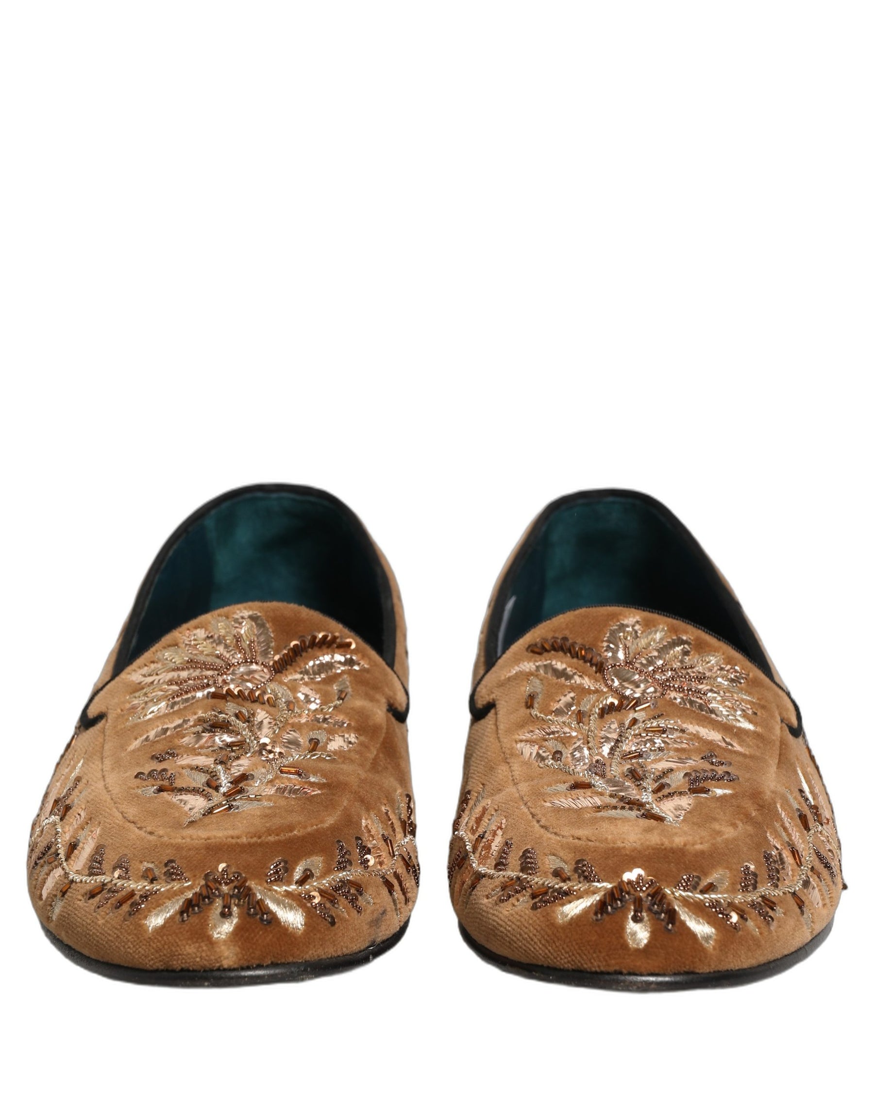 Dolce & Gabbana Brown Velvet Floral Embroidery Loafers Shoes | Regal Royce