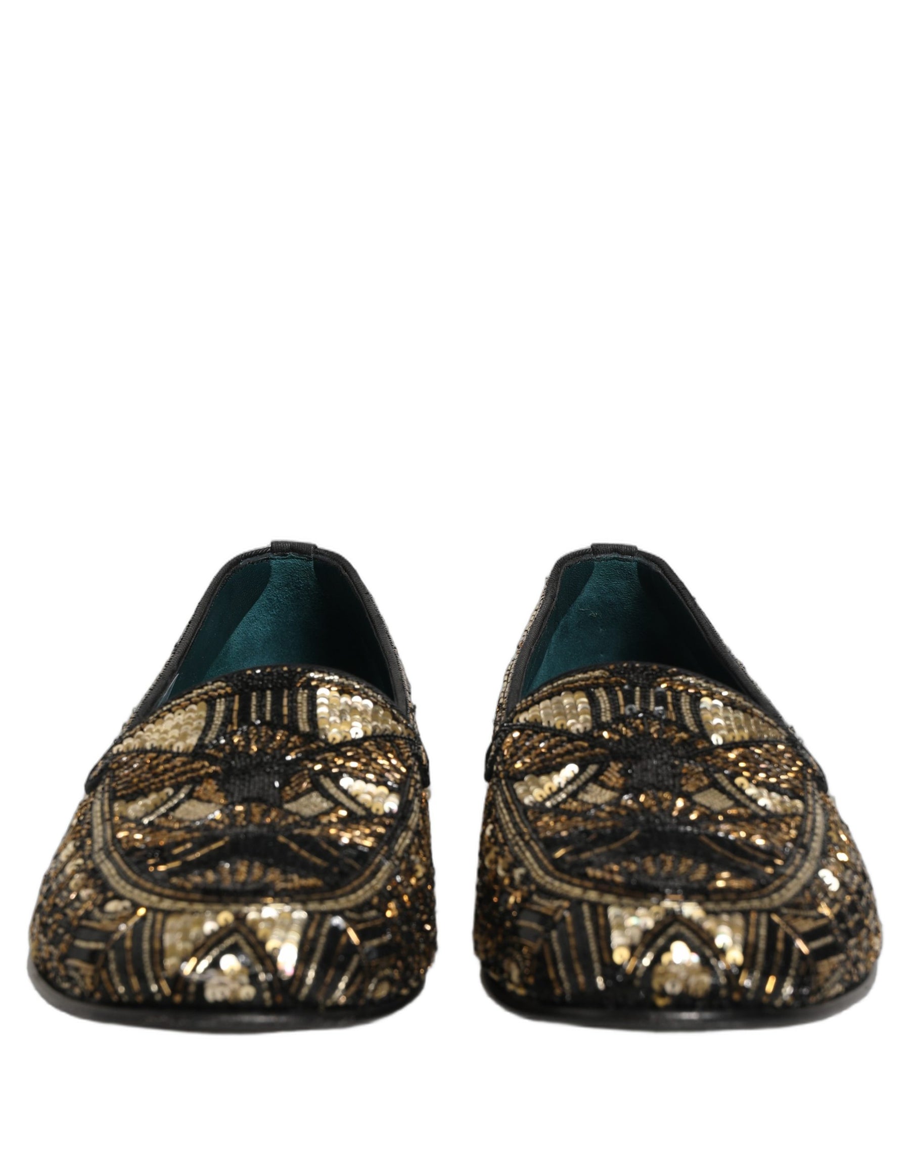 Dolce & Gabbana Black Gold Embellished Slip On Loafers Shoes | Regal Royce