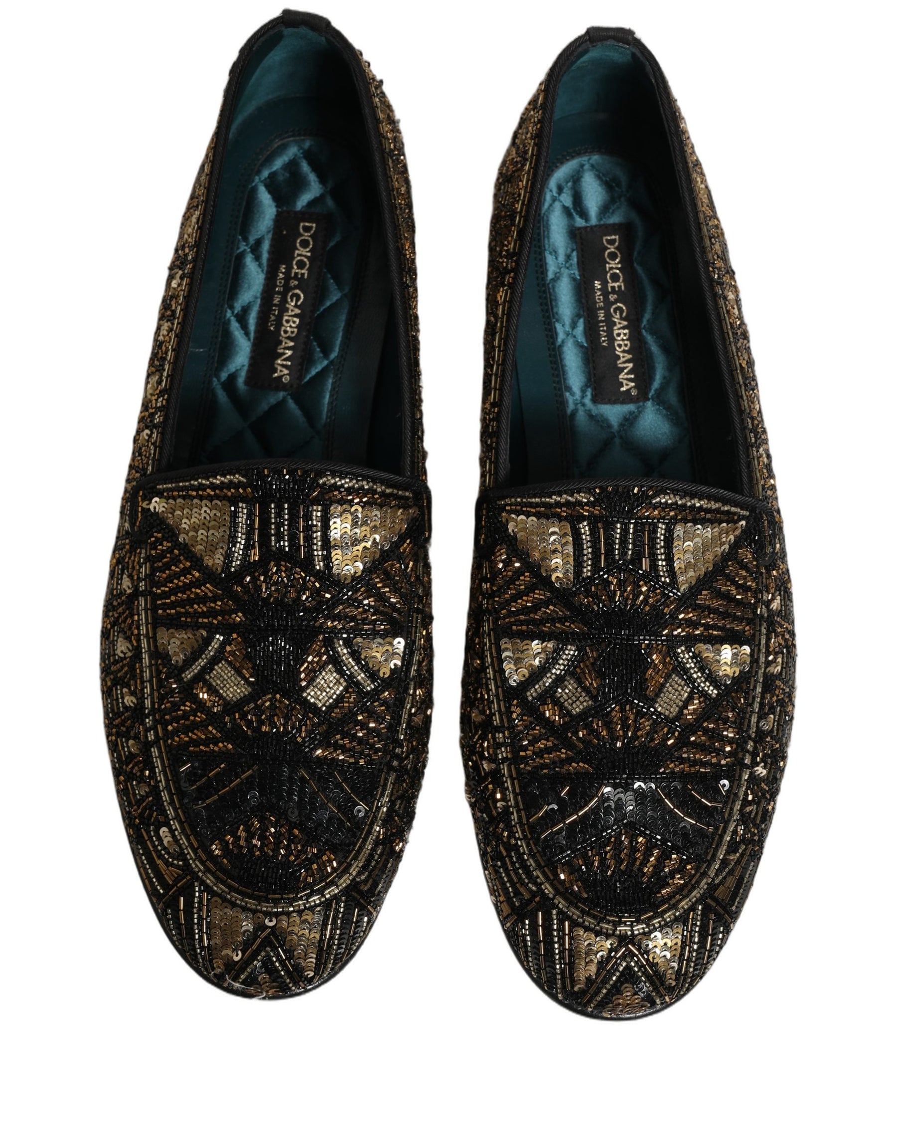 Dolce & Gabbana Black Gold Embellished Slip On Loafers Shoes | Regal Royce