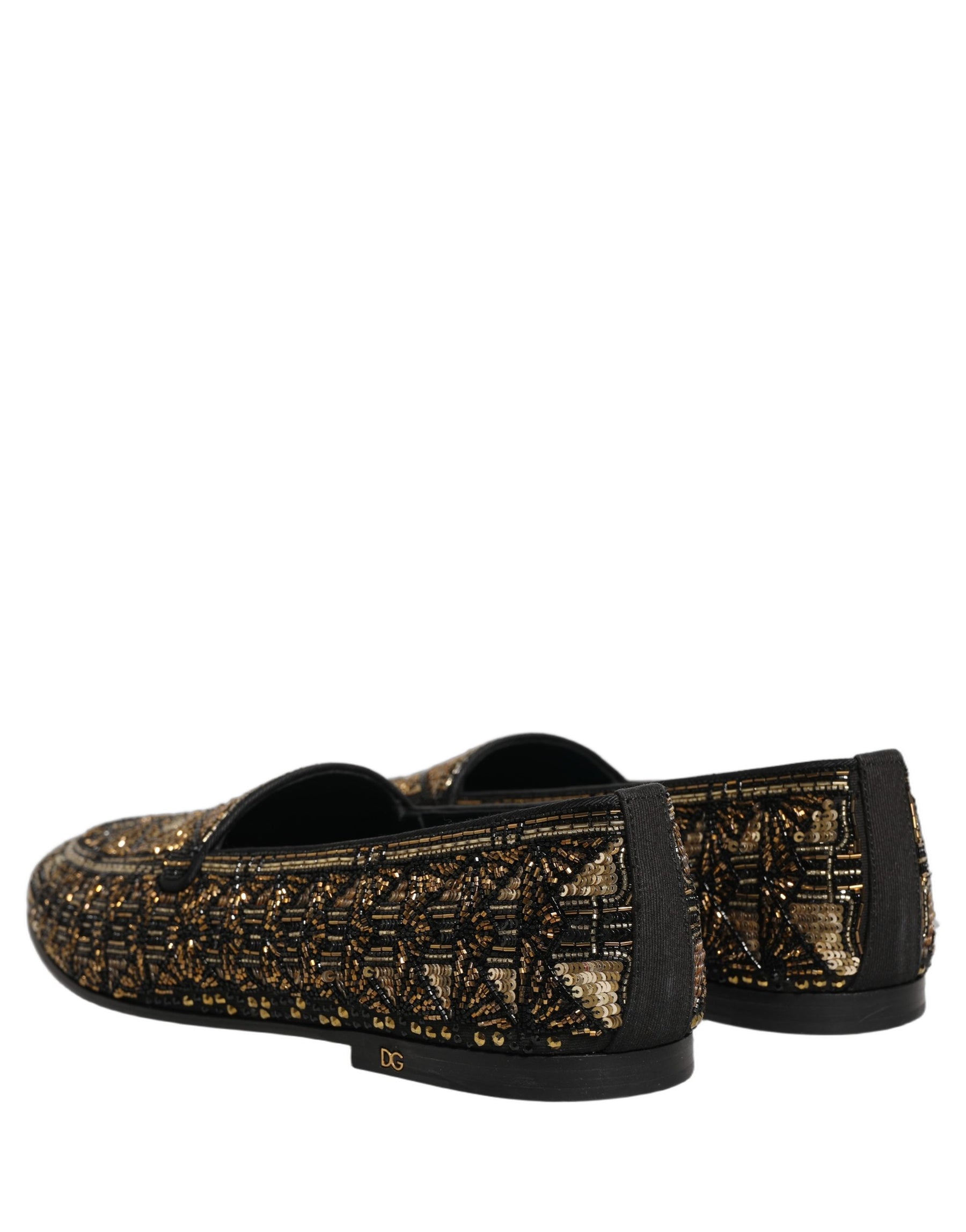 Dolce & Gabbana Black Gold Embellished Slip On Loafers Shoes | Regal Royce