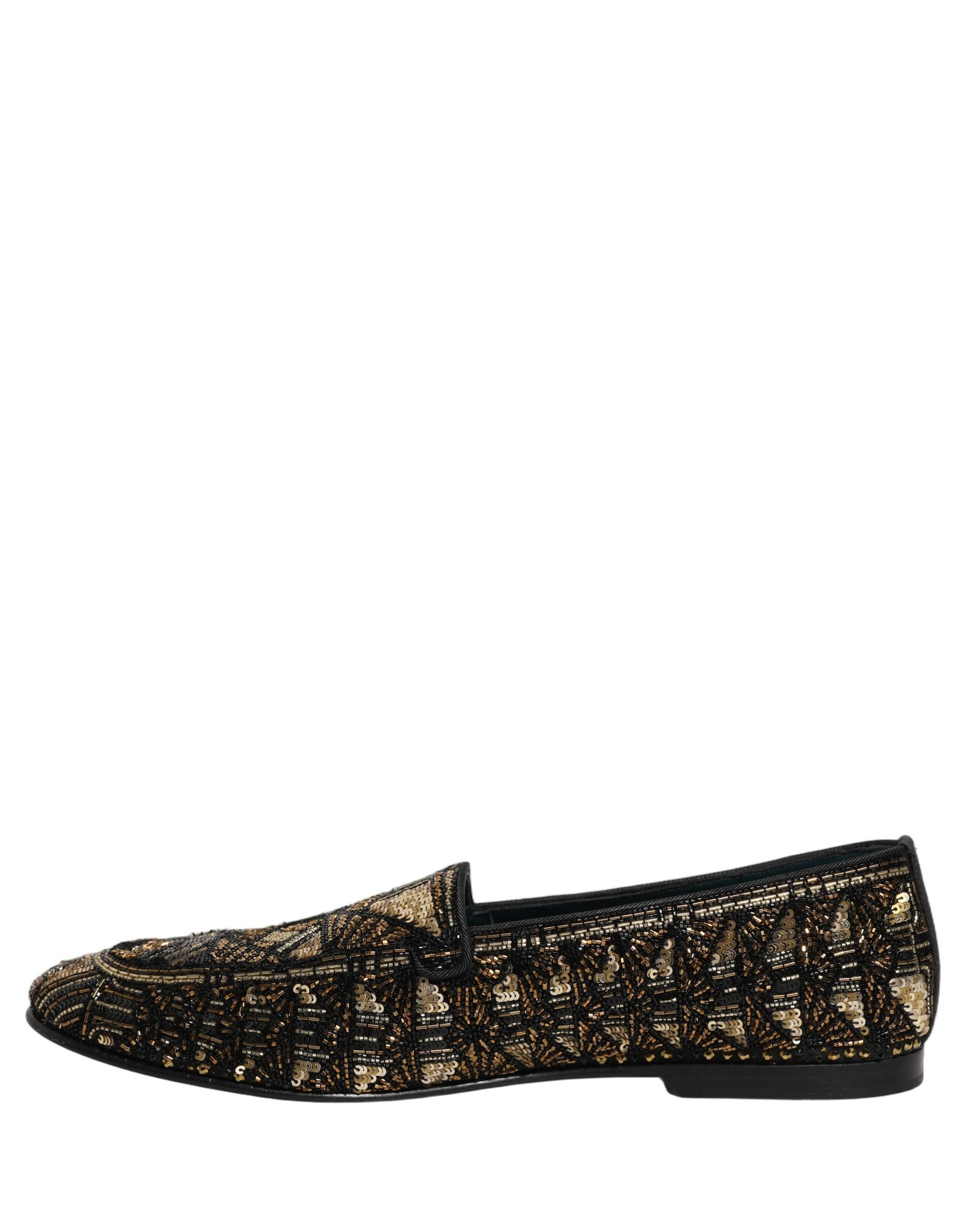Dolce & Gabbana Black Gold Embellished Slip On Loafers Shoes | Regal Royce