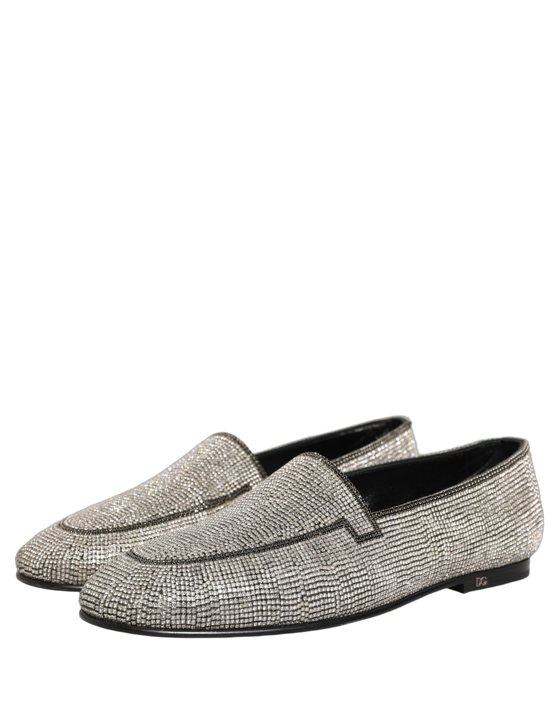 Dolce & Gabbana Silver Crystal Embellished Men Loafers Shoes | Regal Royce