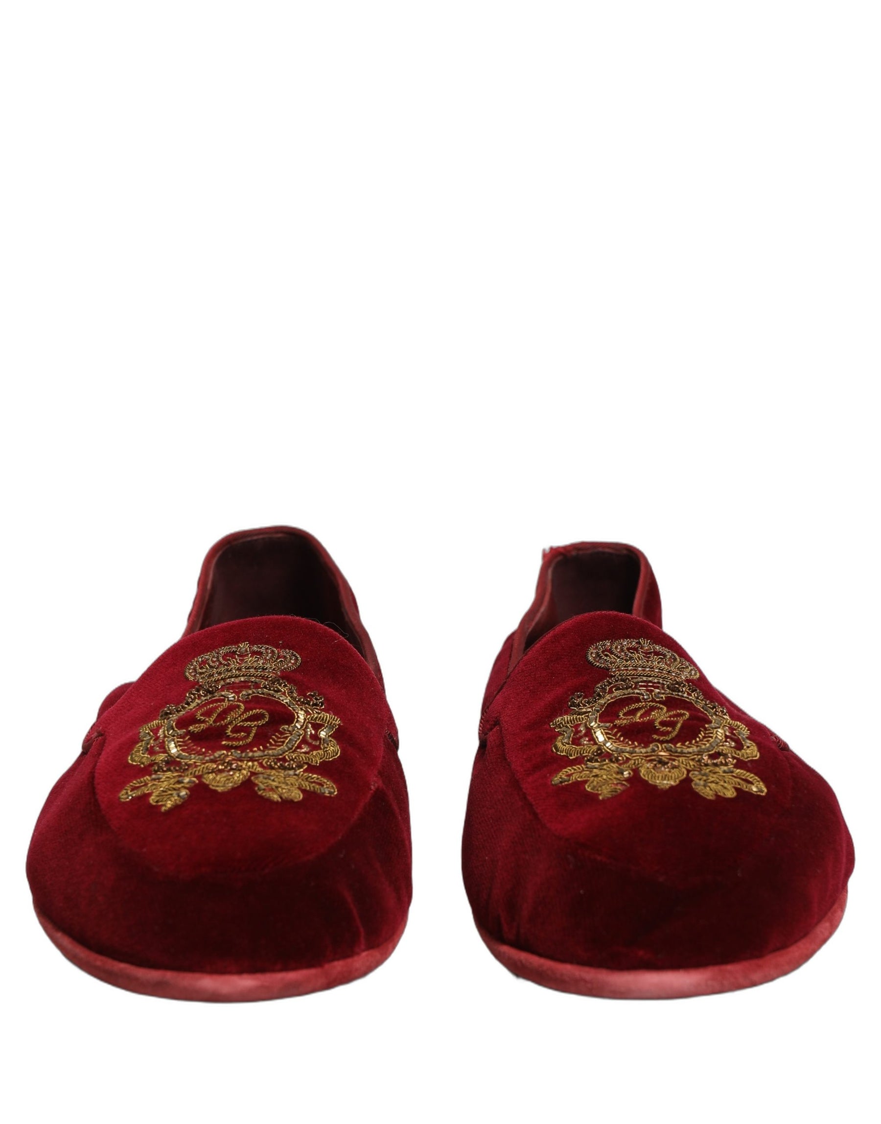Dolce & Gabbana Maroon Velvet Crown Embroidery Loafers Shoes | Regal Royce