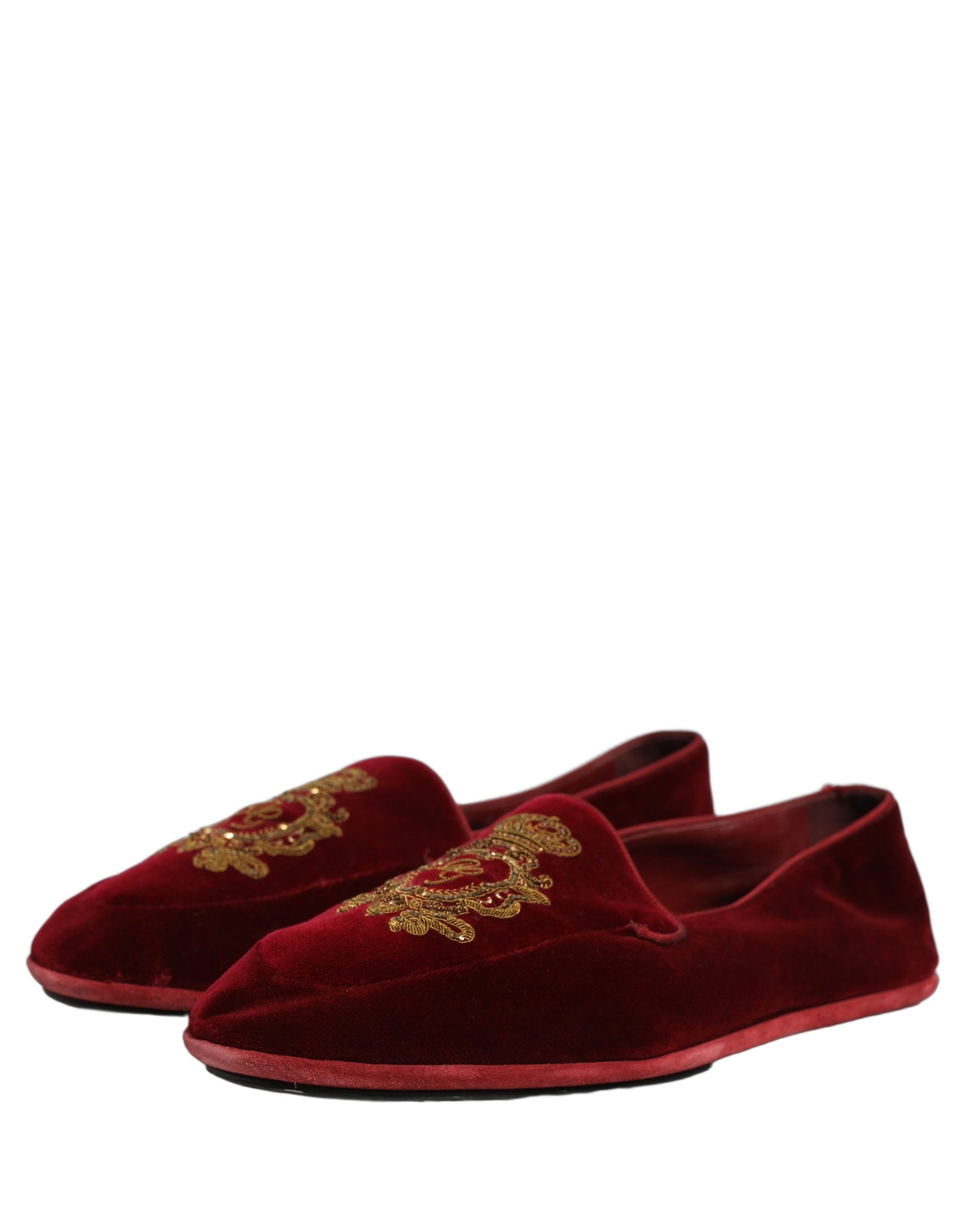 Dolce & Gabbana Maroon Velvet Crown Embroidery Loafers Shoes | Regal Royce
