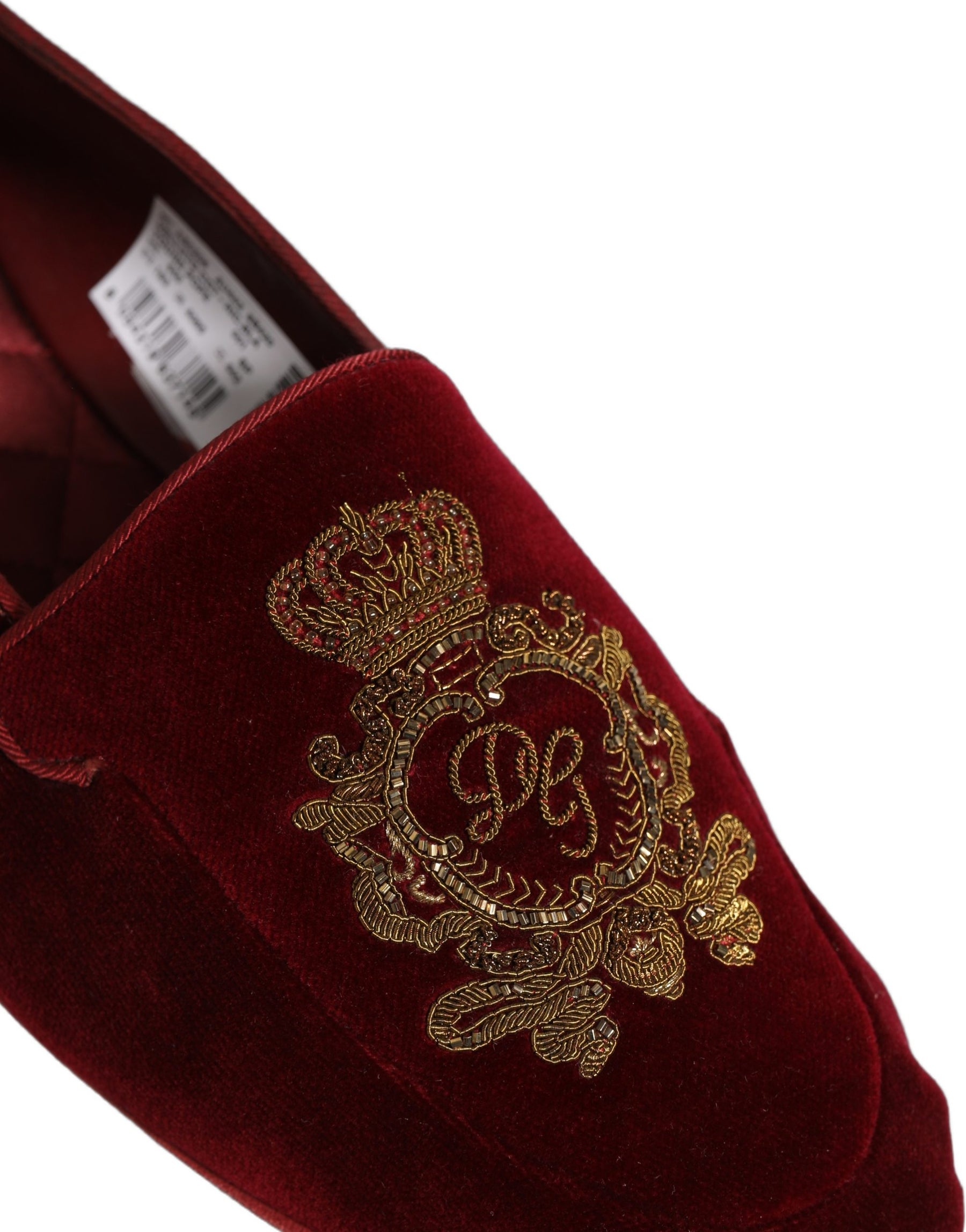 Dolce & Gabbana Maroon Velvet Crown Embroidery Loafers Shoes | Regal Royce