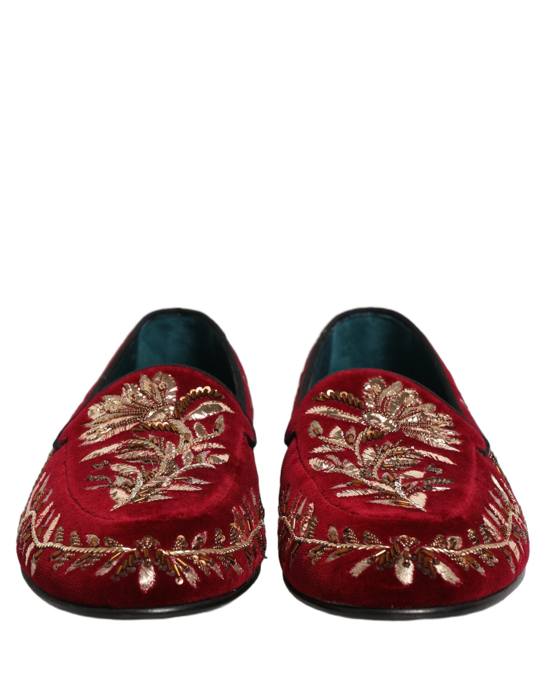 Dolce & Gabbana Red Velvet Floral Embroidery Loafers Shoes | Regal Royce