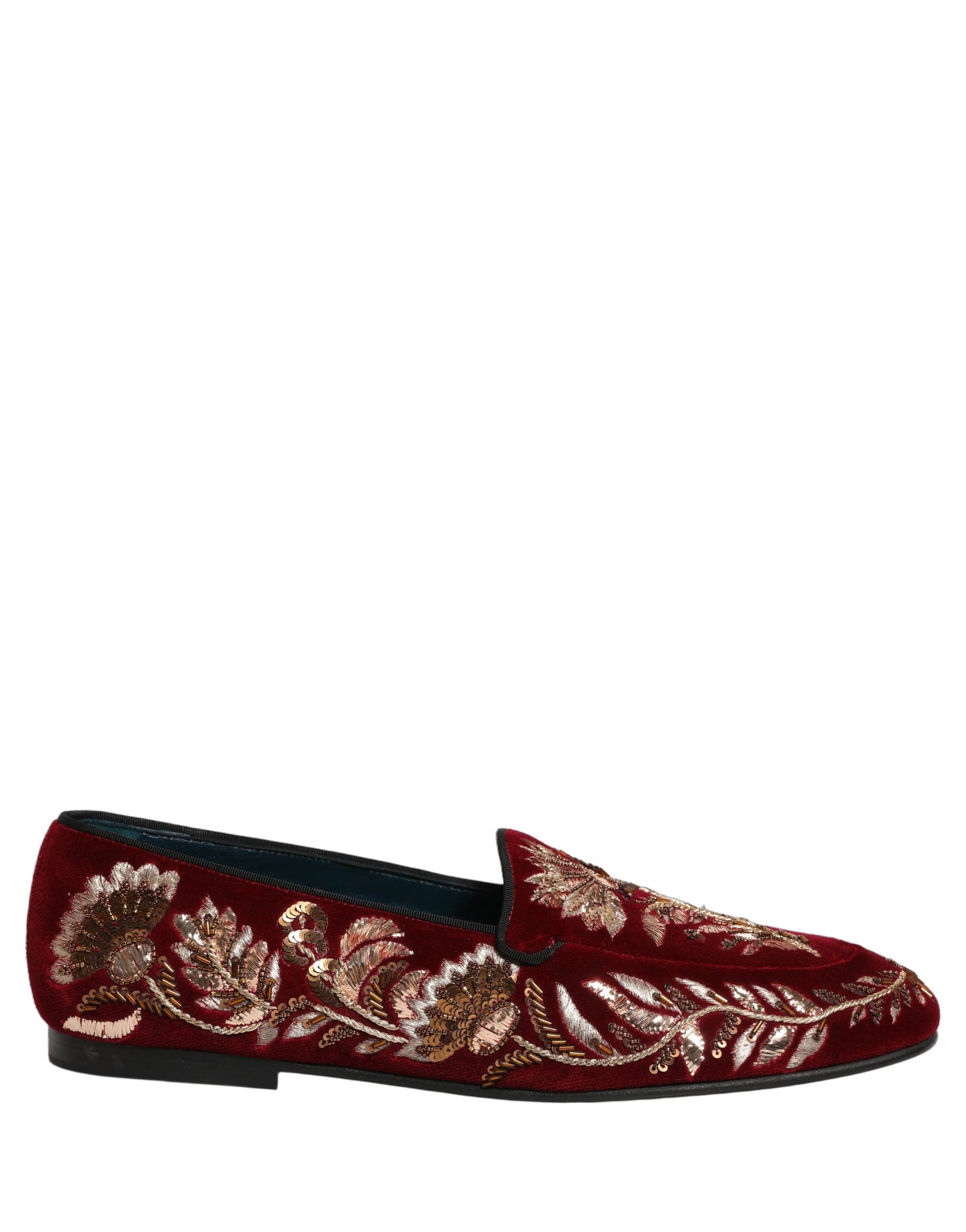 Dolce & Gabbana Red Velvet Floral Embroidery Loafers Shoes | Regal Royce