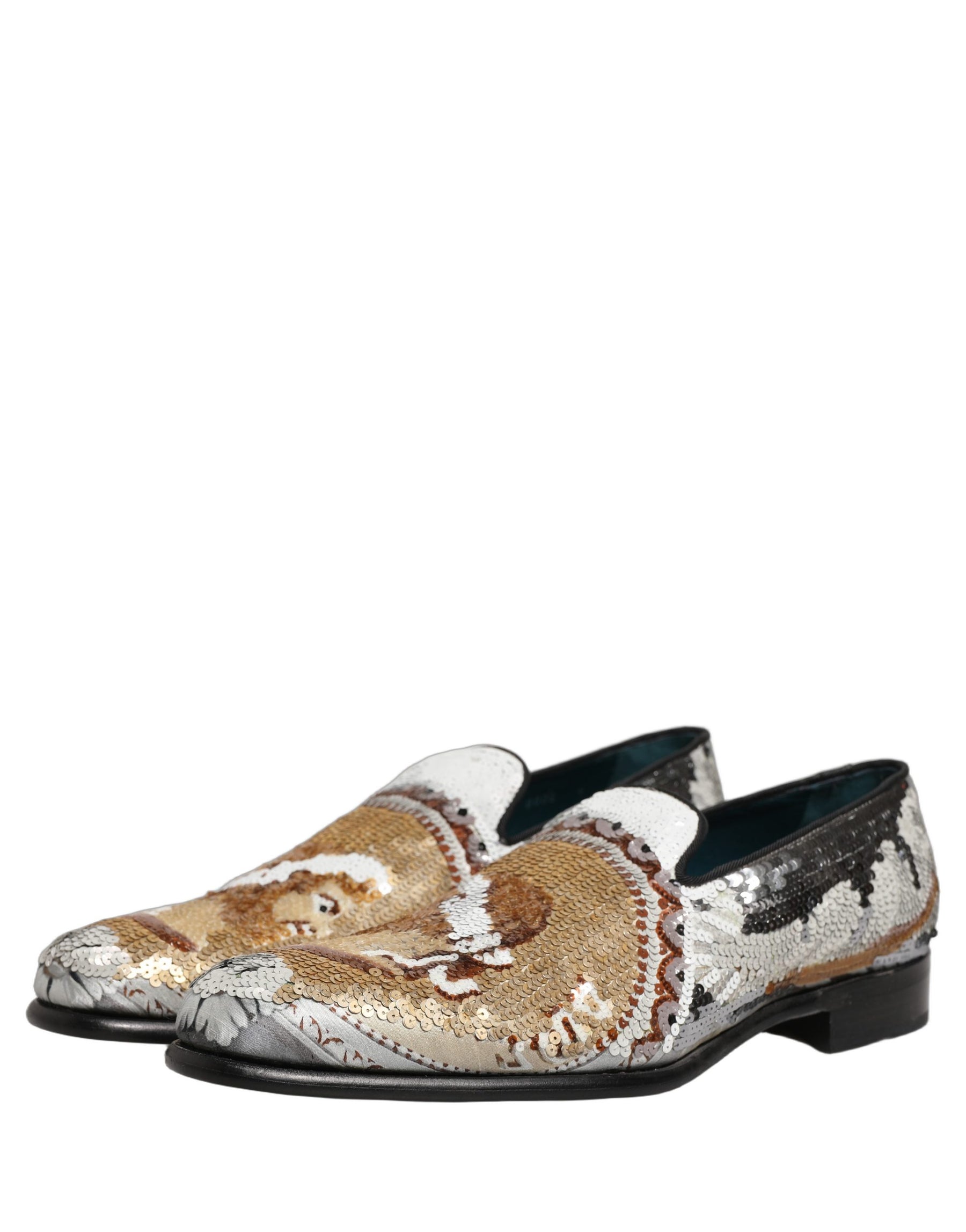 Dolce & Gabbana White Gold Sequined Slip On Loafers Shoes | Regal Royce