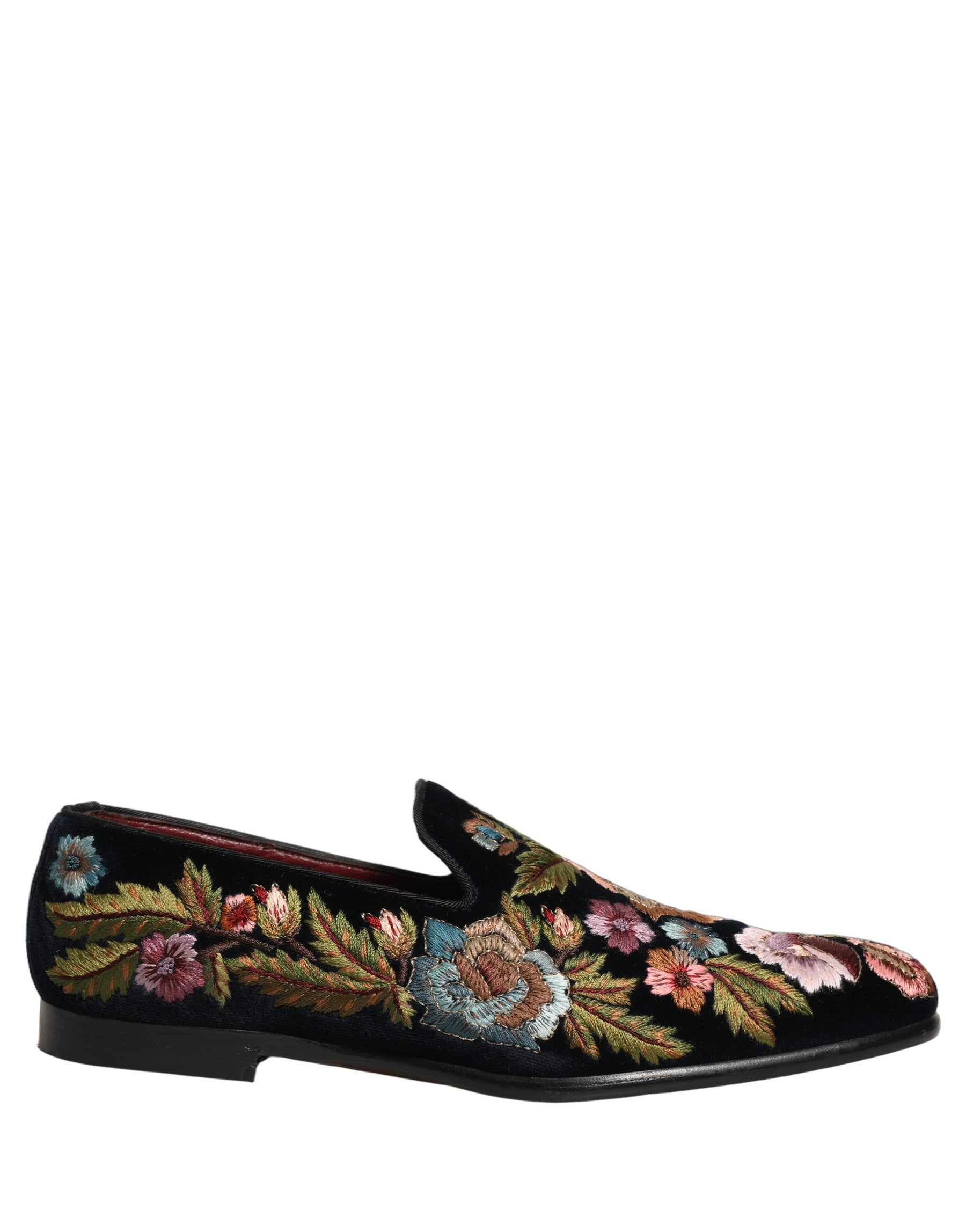 Dolce & Gabbana Black Velvet Floral Embroidery Loafers Shoes | Regal Royce