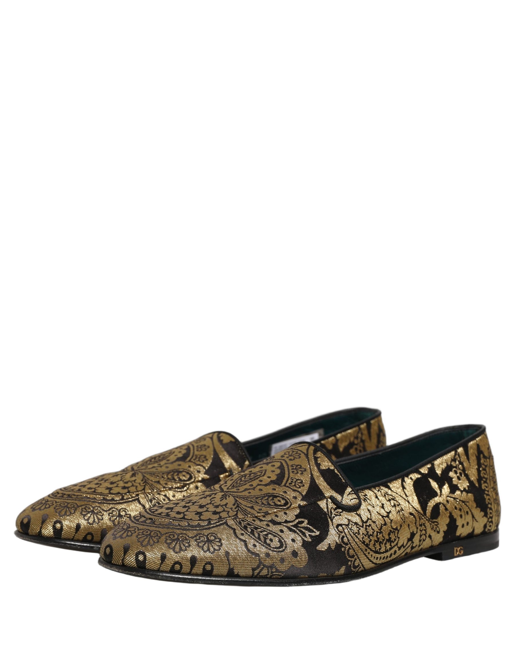 Dolce & Gabbana Gold Jacquard Leather Slip On Loafers Shoes | Regal Royce