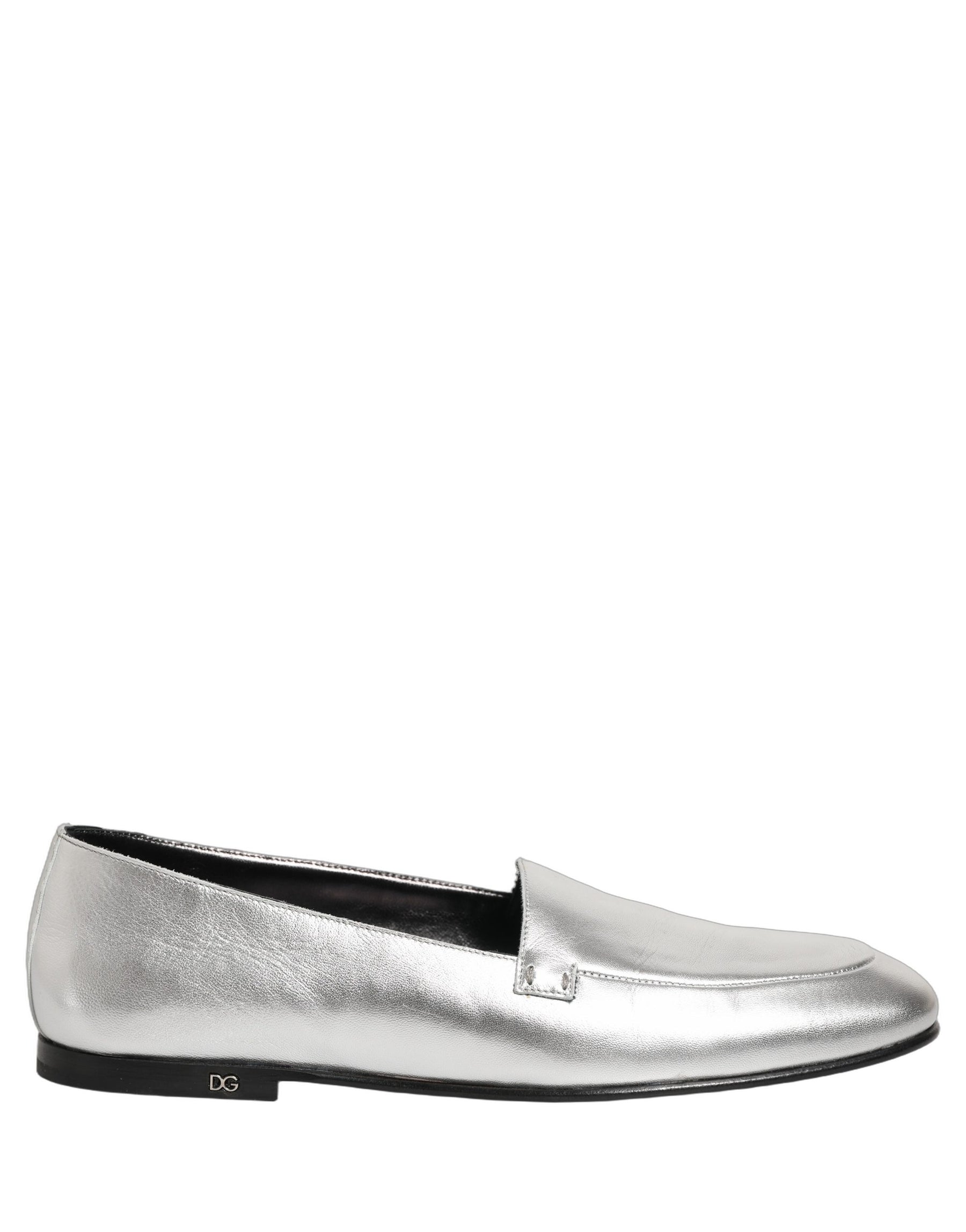 Dolce & Gabbana Silver Leather DG Logo Slip On Loafers Shoes | Regal Royce