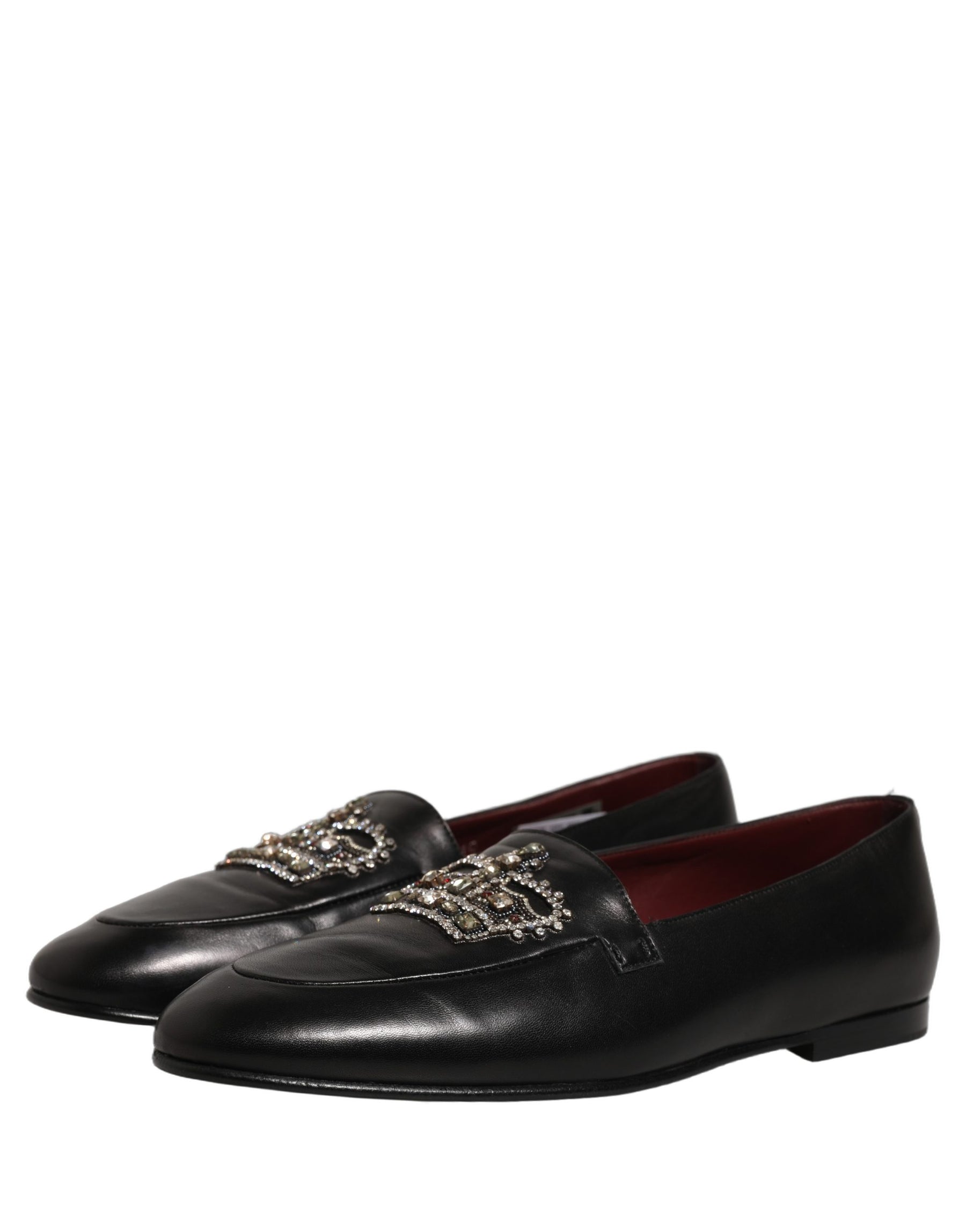 Dolce & Gabbana Black Leather Crown Embellished Loafers Shoes | Regal Royce