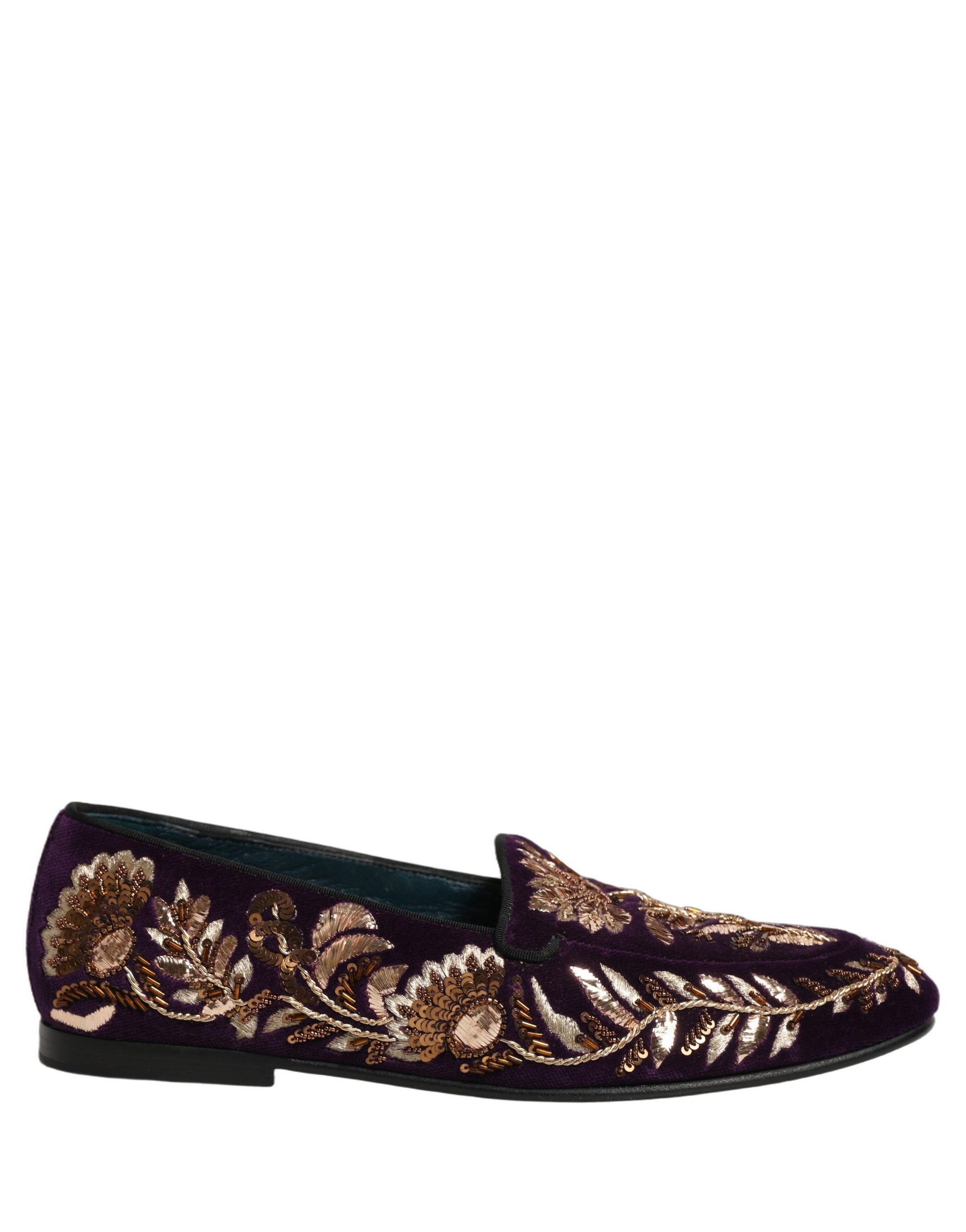 Dolce & Gabbana Violet Velvet Floral Embroidery Loafers Shoes | Regal Royce