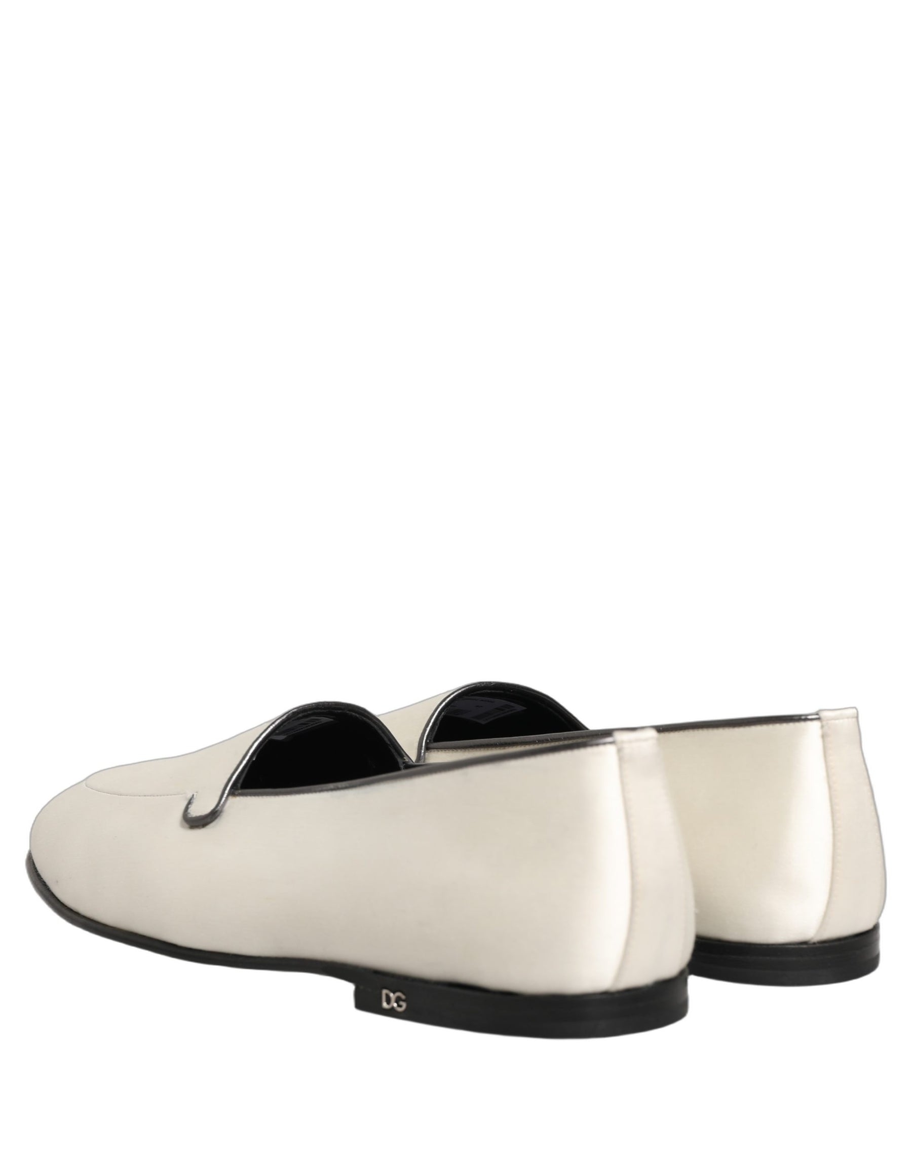 Dolce & Gabbana White Satin Logo Slip On Flats Loafers Shoes | Regal Royce