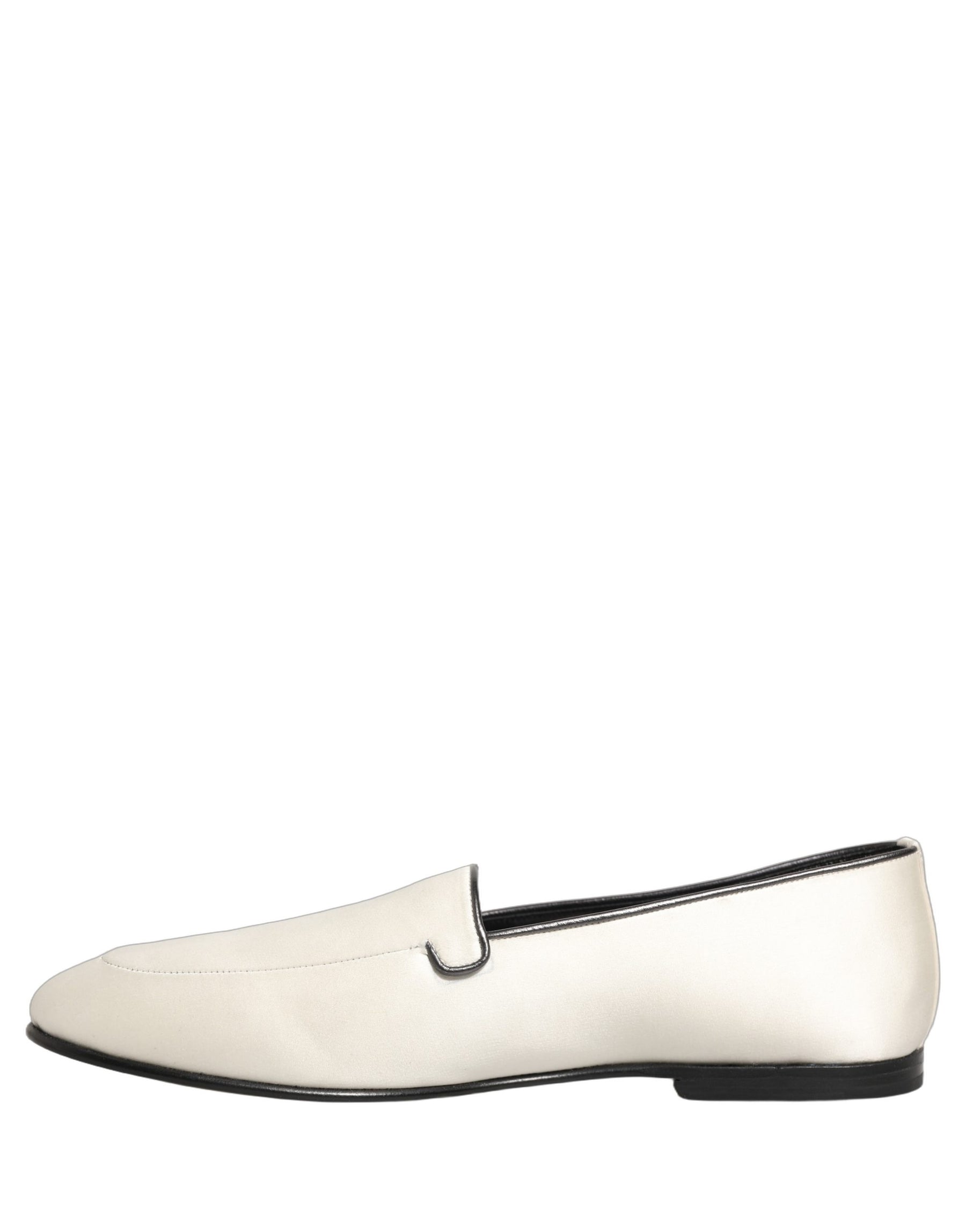 Dolce & Gabbana White Satin Logo Slip On Flats Loafers Shoes | Regal Royce