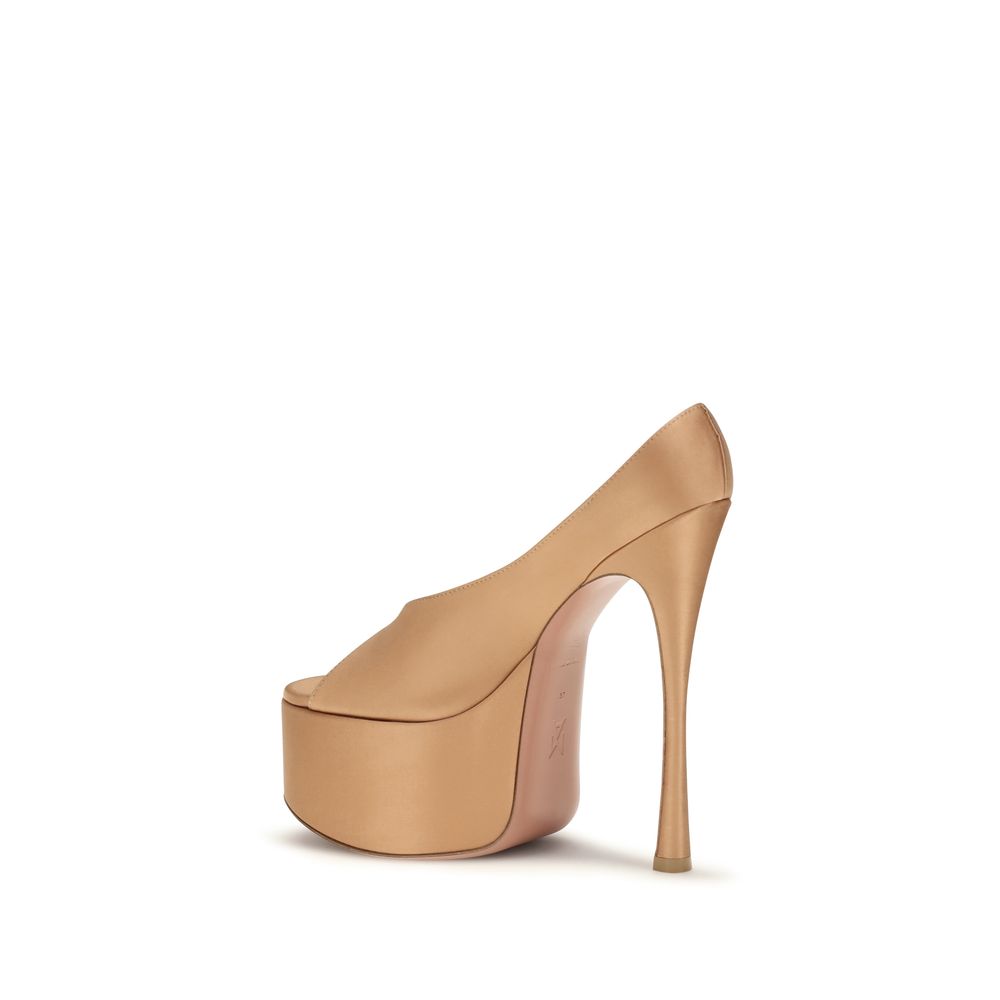 Amina Muaddi Beige Silk Platform Pumps | Regal Royce