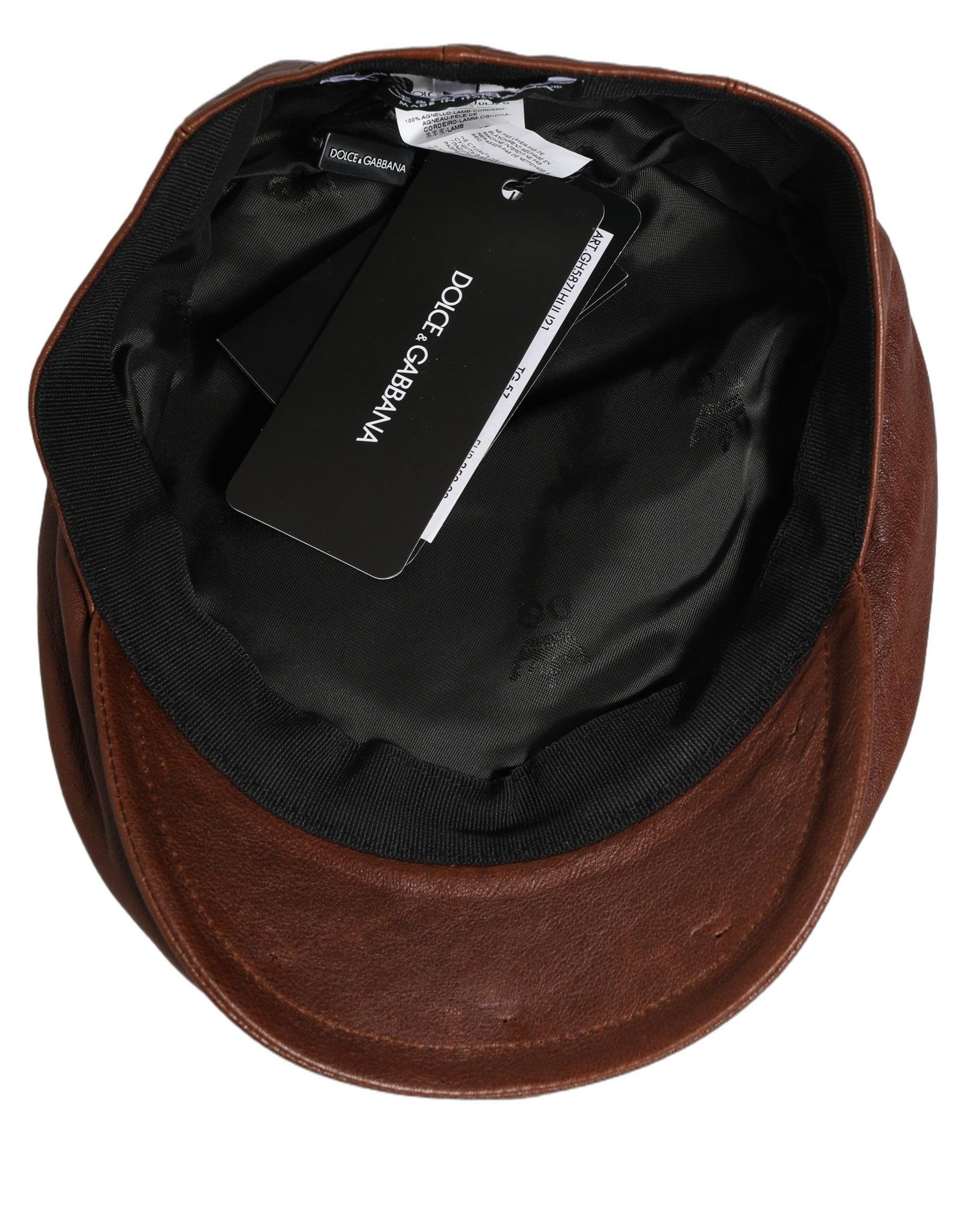 Dolce & Gabbana Men Brown Lamb Leather Newsboy Cloth Capello Hat | Regal Royce