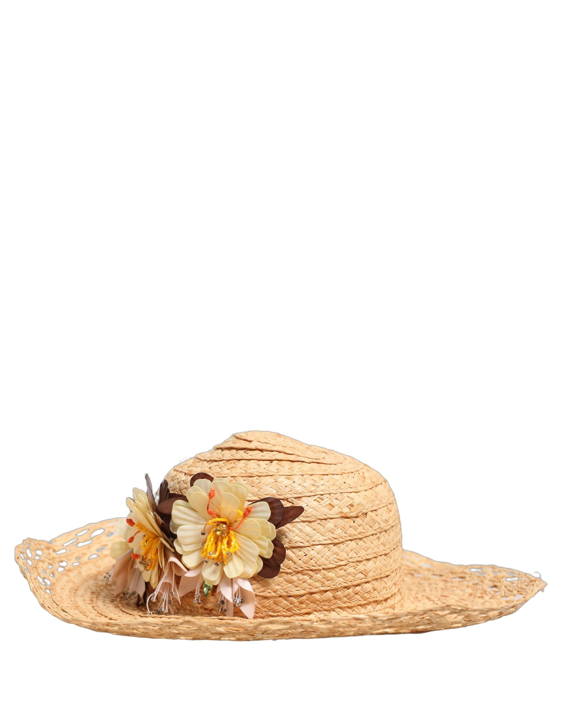 Dolce & Gabbana Women Beige Wide Brim Floral Bucket Capello Hat | Regal Royce