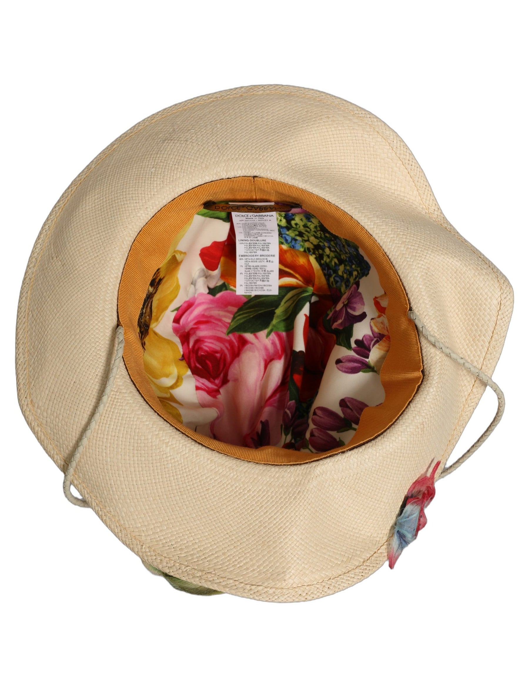 Dolce & Gabbana Women Beige Floral Apllique Straw Bucket Hat | Regal Royce