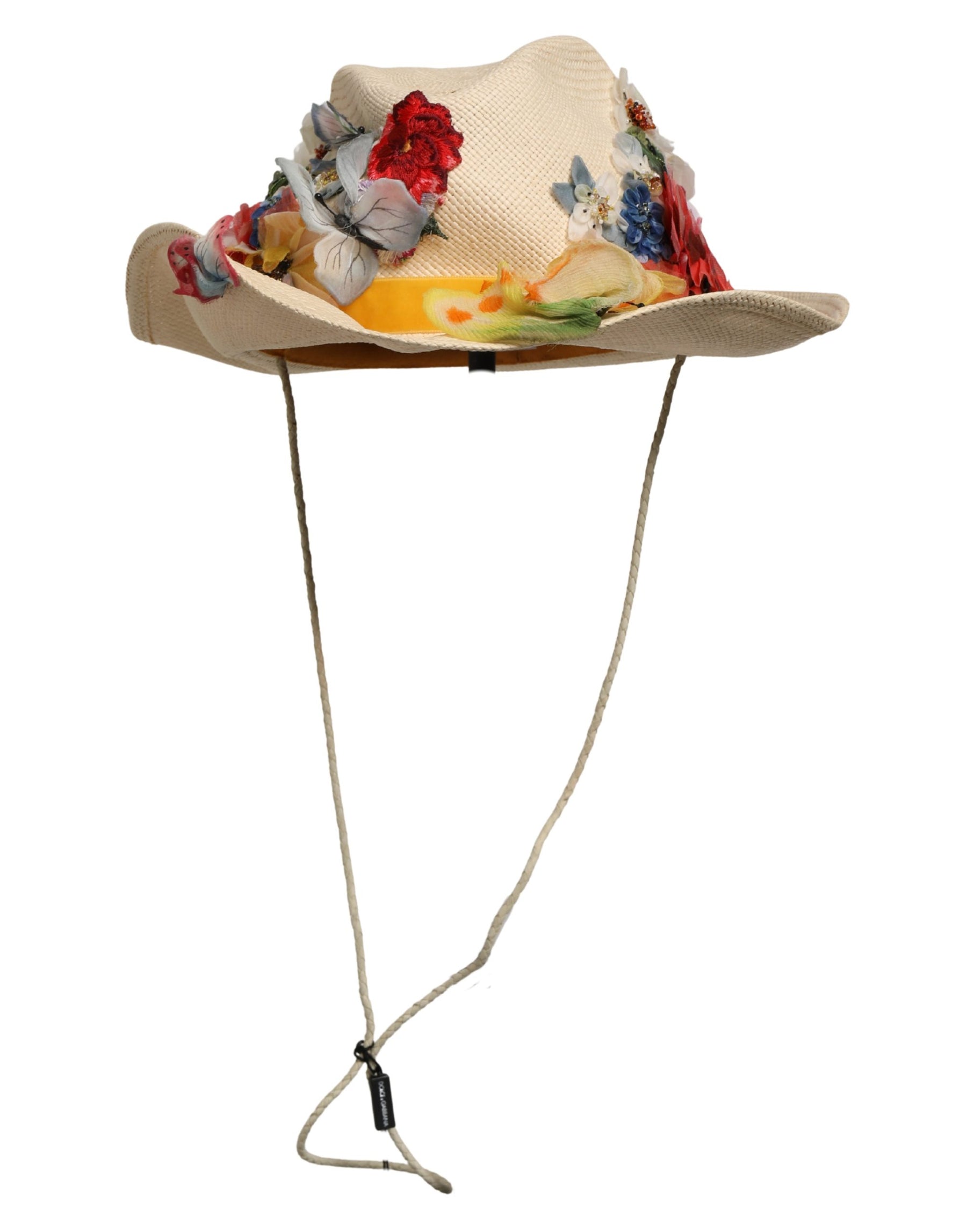 Dolce & Gabbana Women Beige Floral Apllique Straw Bucket Hat | Regal Royce