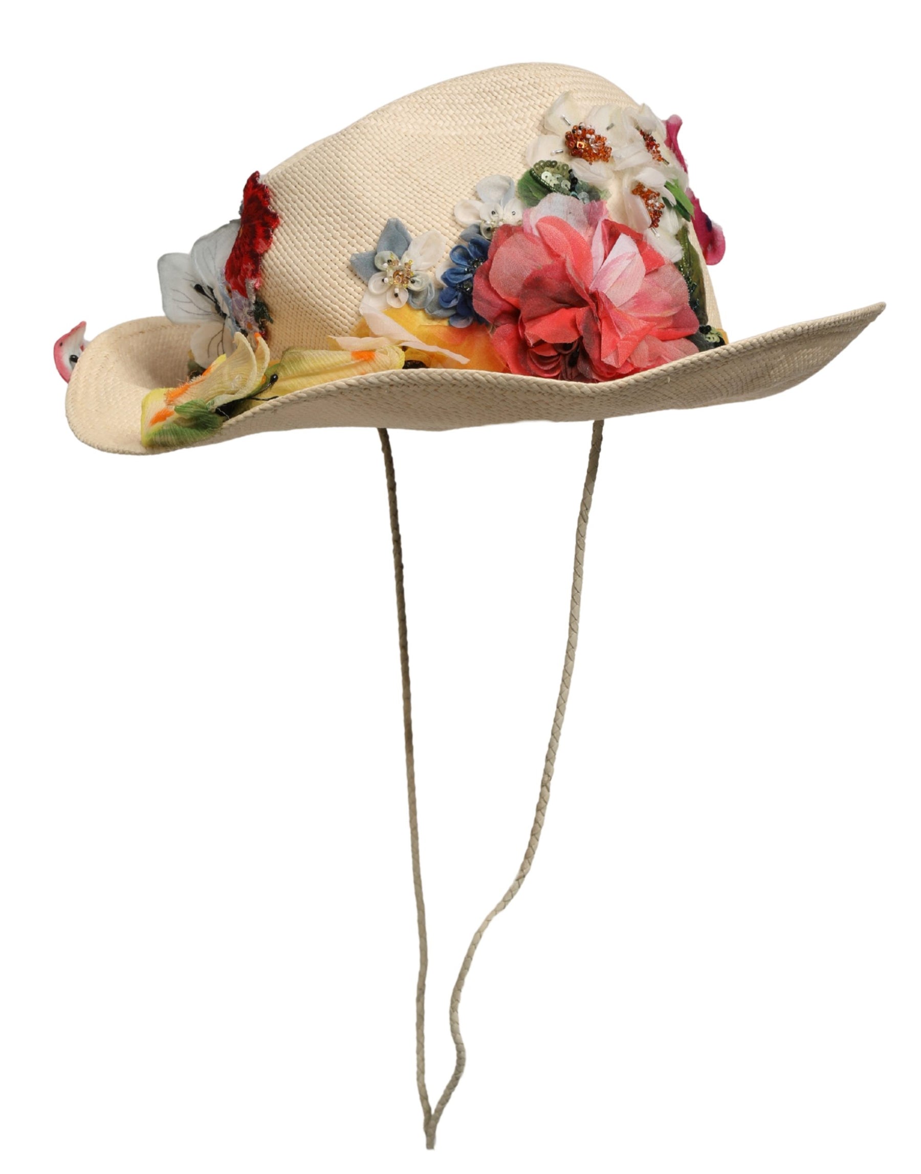 Dolce & Gabbana Women Beige Floral Apllique Straw Bucket Hat | Regal Royce