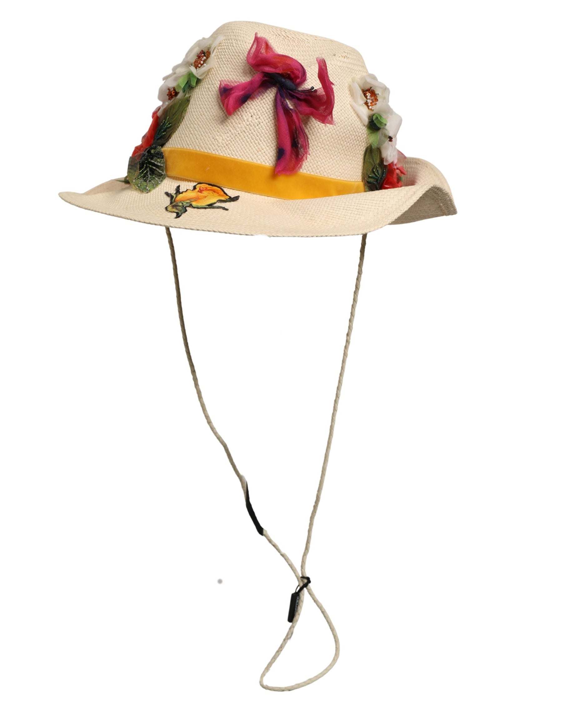 Dolce & Gabbana Women Beige Floral Apllique Straw Bucket Hat | Regal Royce
