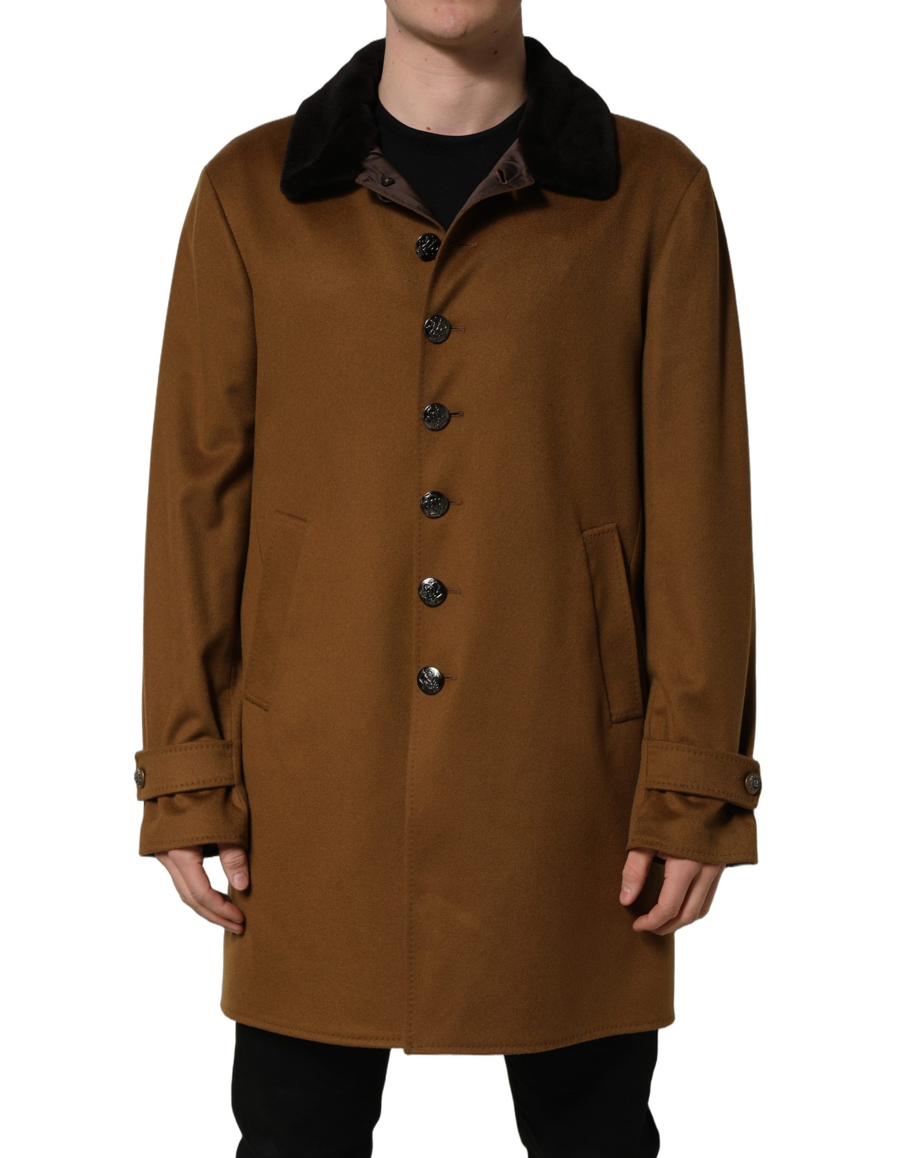 Dolce & Gabbana Brown Cashmere Mink Fur Men Overcoat Jacket | Regal Royce
