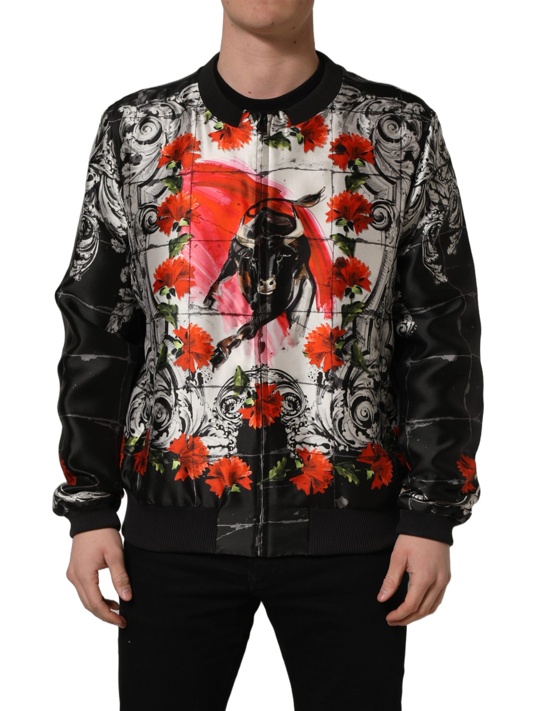 Dolce & Gabbana Multicolor Majolica Bull Print Bomber Jacket | Regal Royce