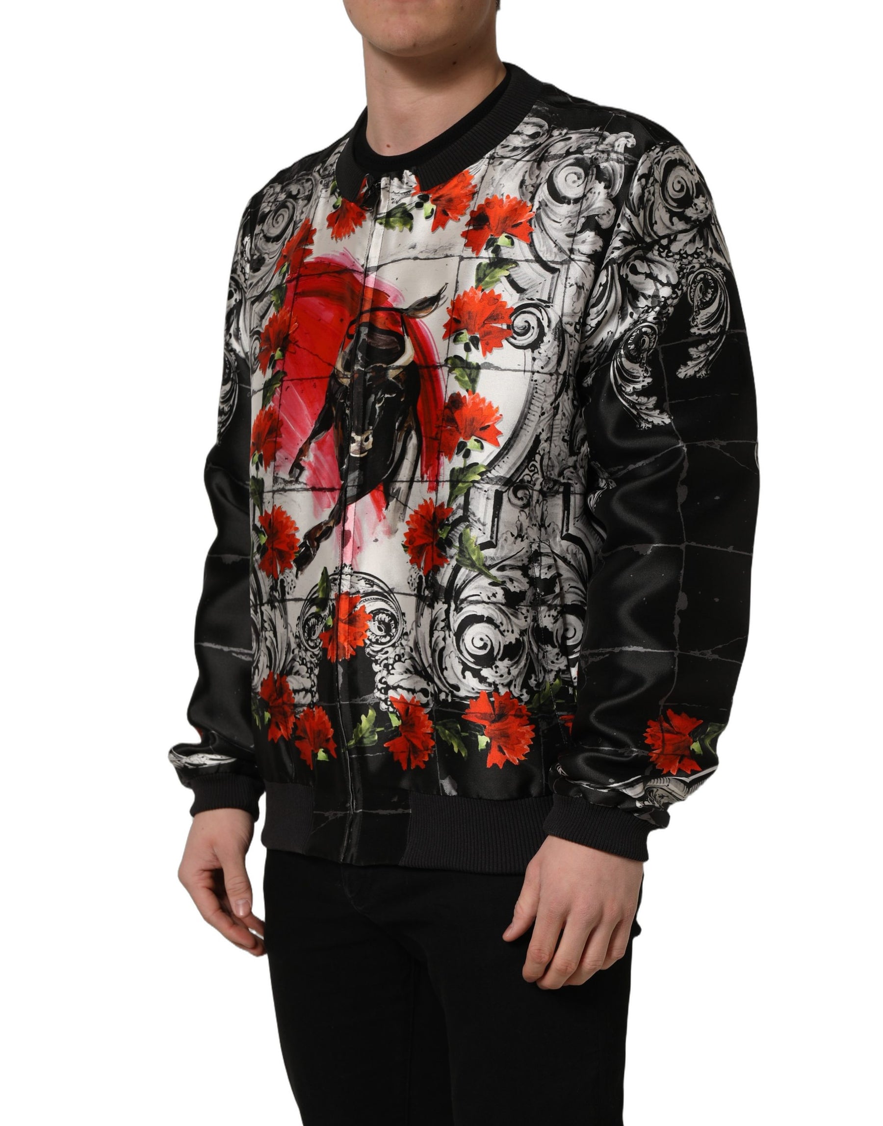 Dolce & Gabbana Multicolor Majolica Bull Print Bomber Jacket | Regal Royce