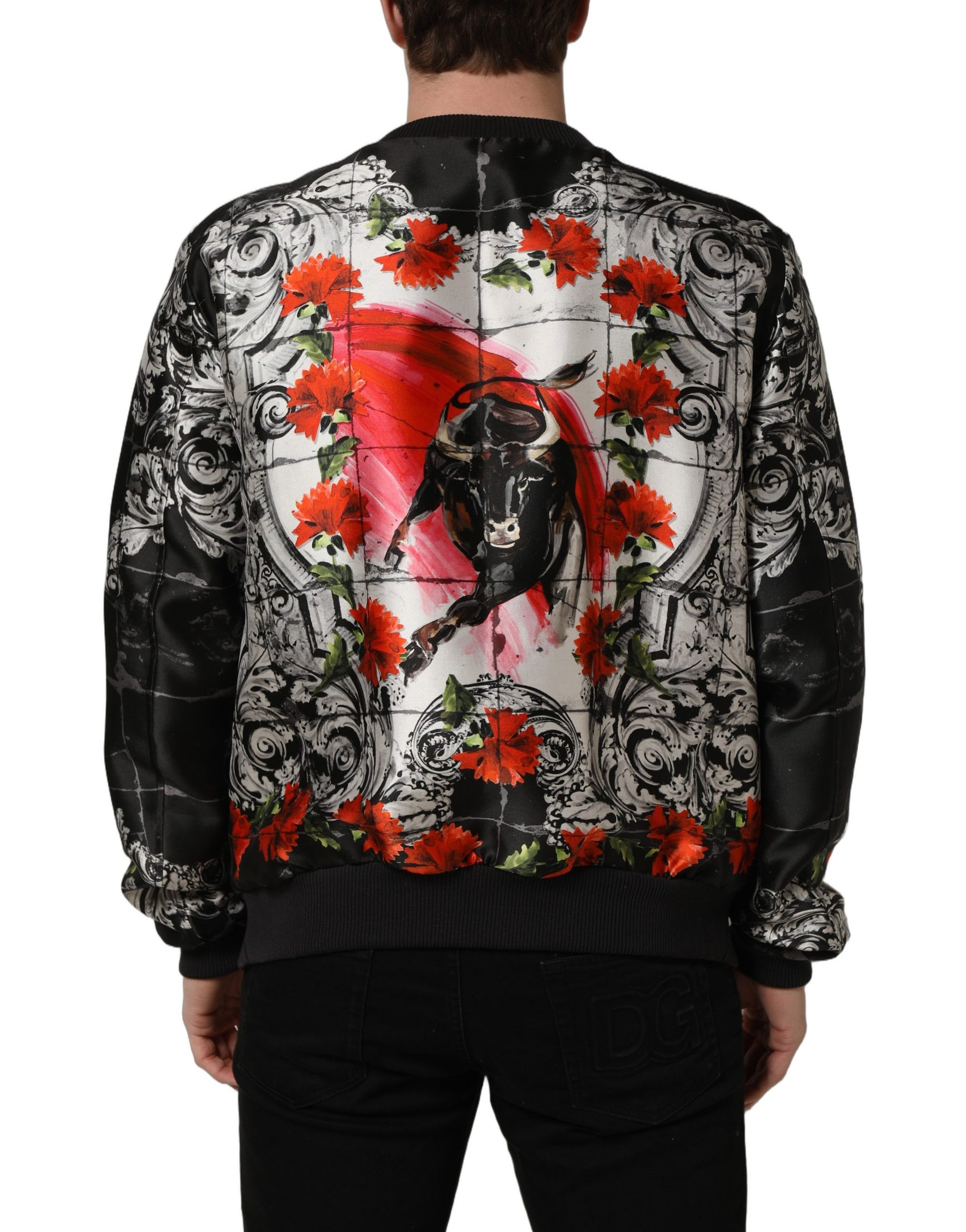 Dolce & Gabbana Multicolor Majolica Bull Print Bomber Jacket | Regal Royce