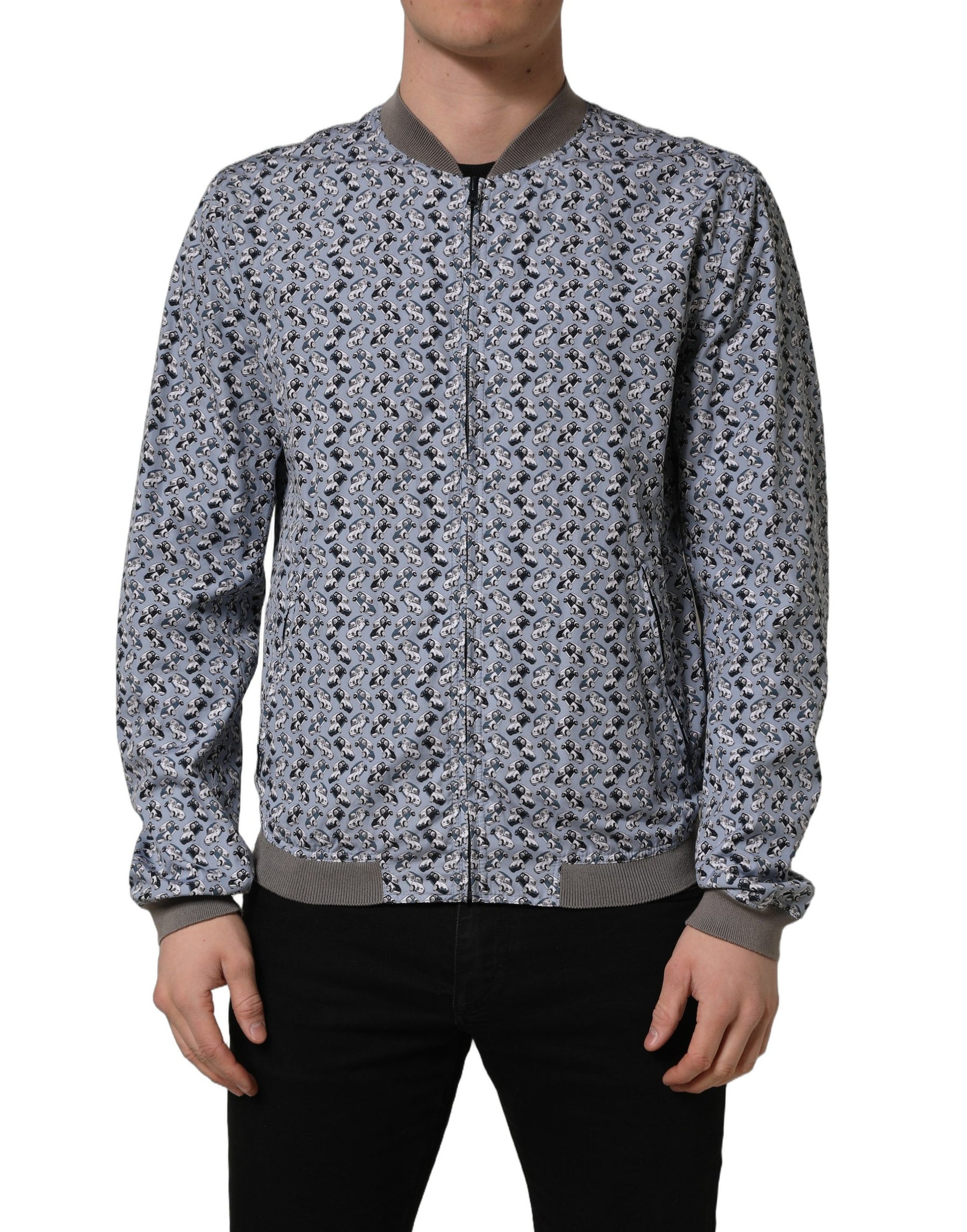 Dolce & Gabbana Light Blue Cotton Car Print Bomber Jacket | Regal Royce