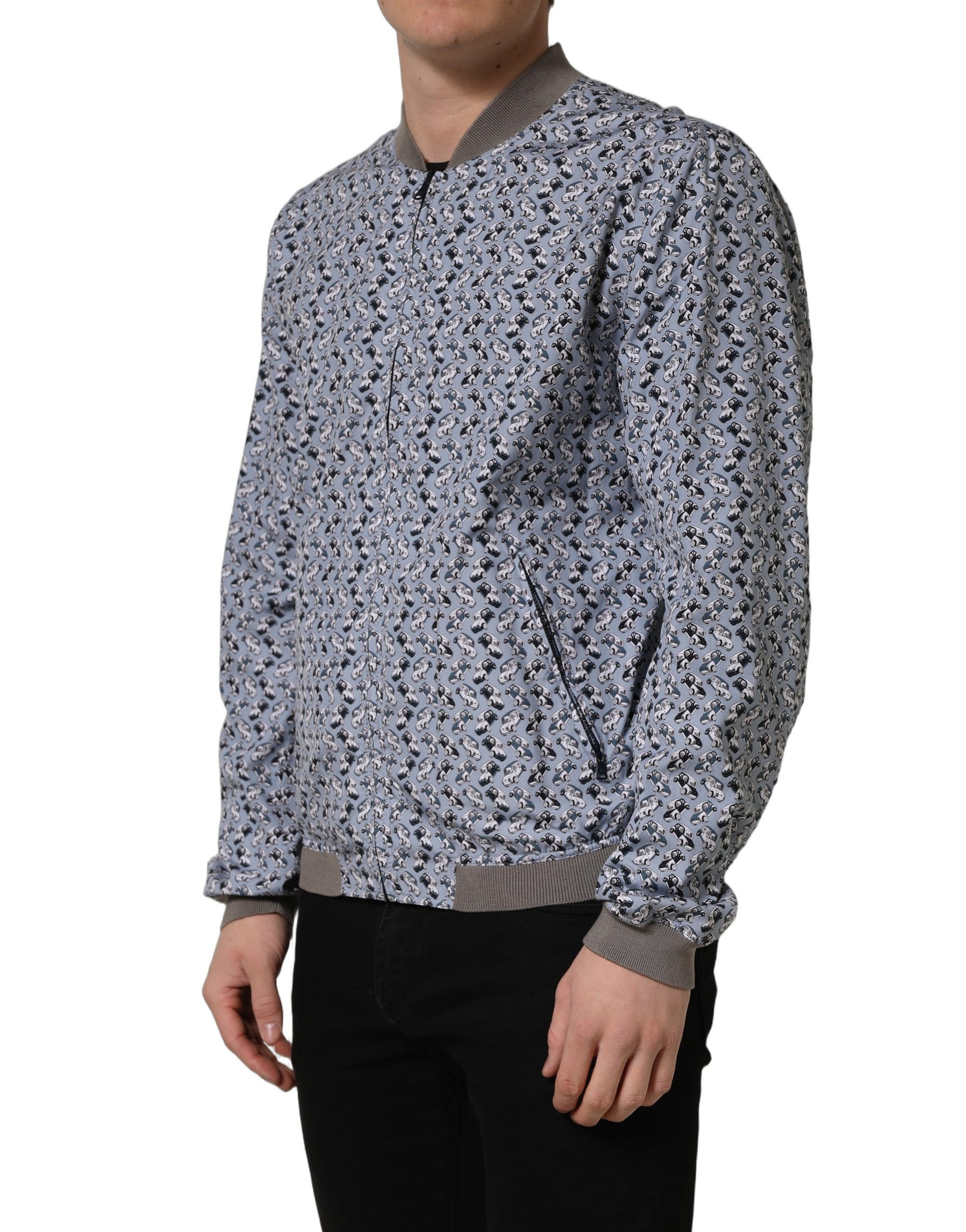 Dolce & Gabbana Light Blue Cotton Car Print Bomber Jacket | Regal Royce