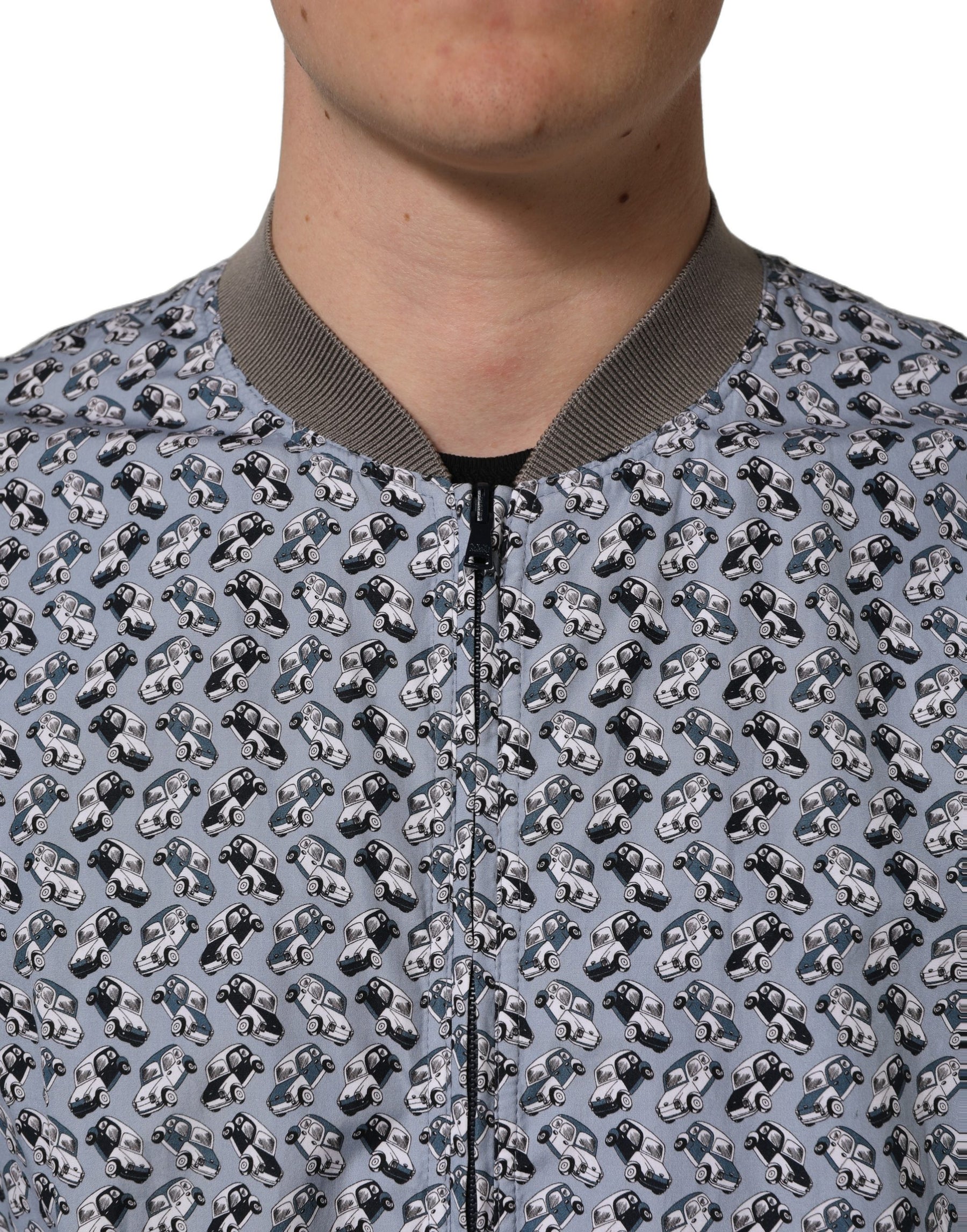 Dolce & Gabbana Light Blue Cotton Car Print Bomber Jacket | Regal Royce